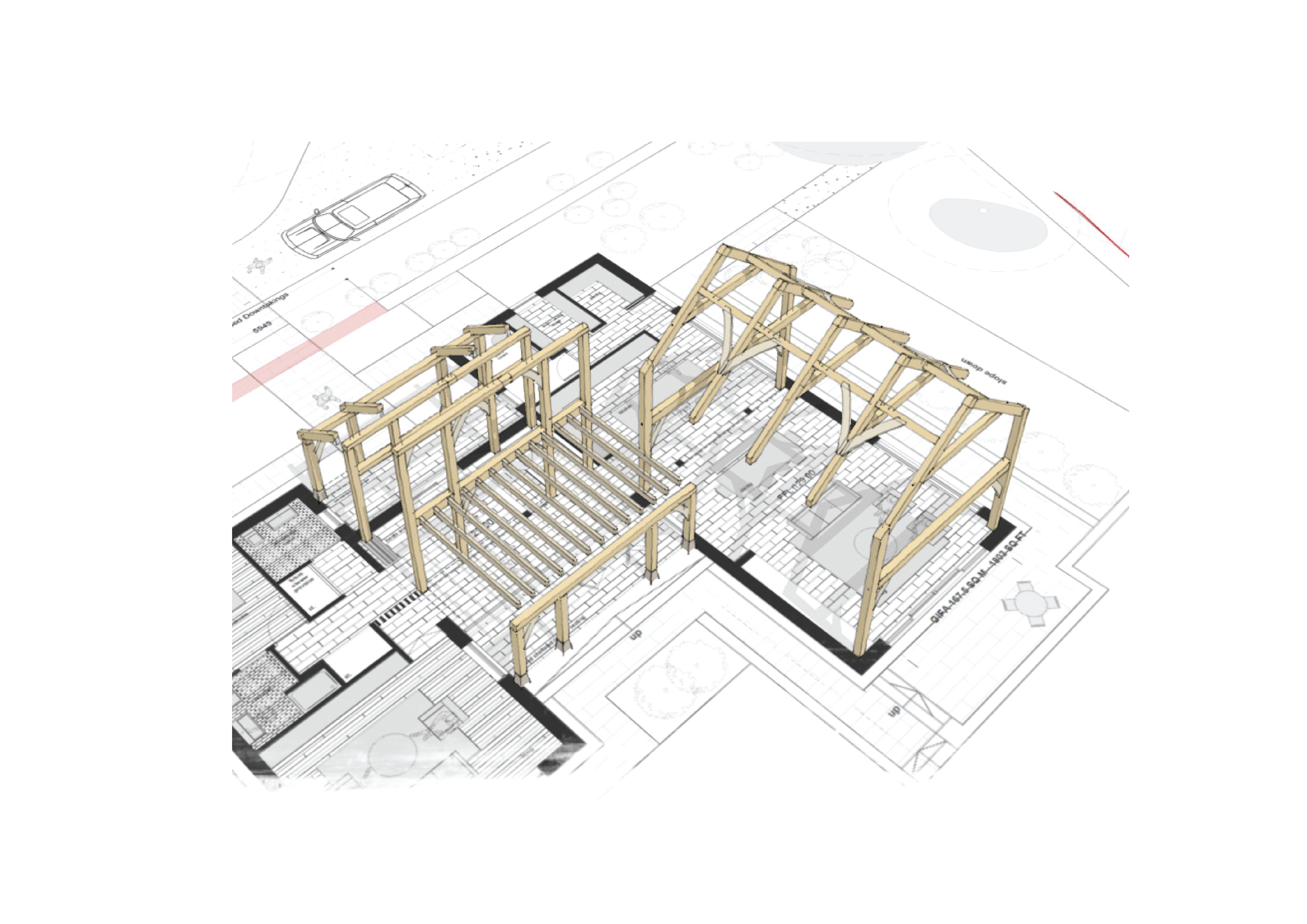 Architectural floorplan sketch of a hybrid timber-frame design showcasing integrated oak frame sections, including two-storey five-bay trusses and varied framing styles tailored to different parts of the house.