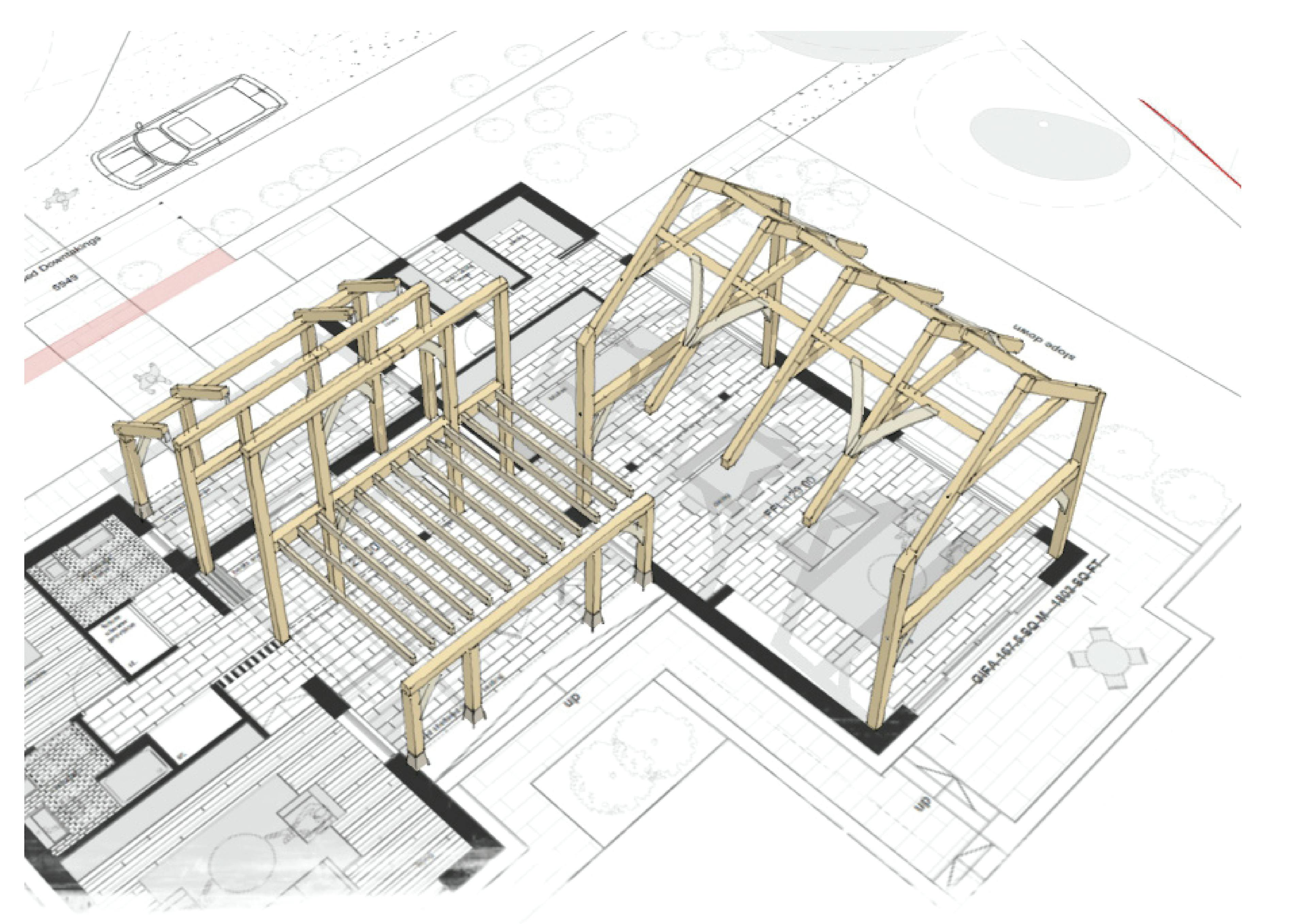 Architectural floorplan sketch of a hybrid timber-frame design showcasing integrated oak frame sections, including two-storey five-bay trusses and varied framing styles tailored to different parts of the house.