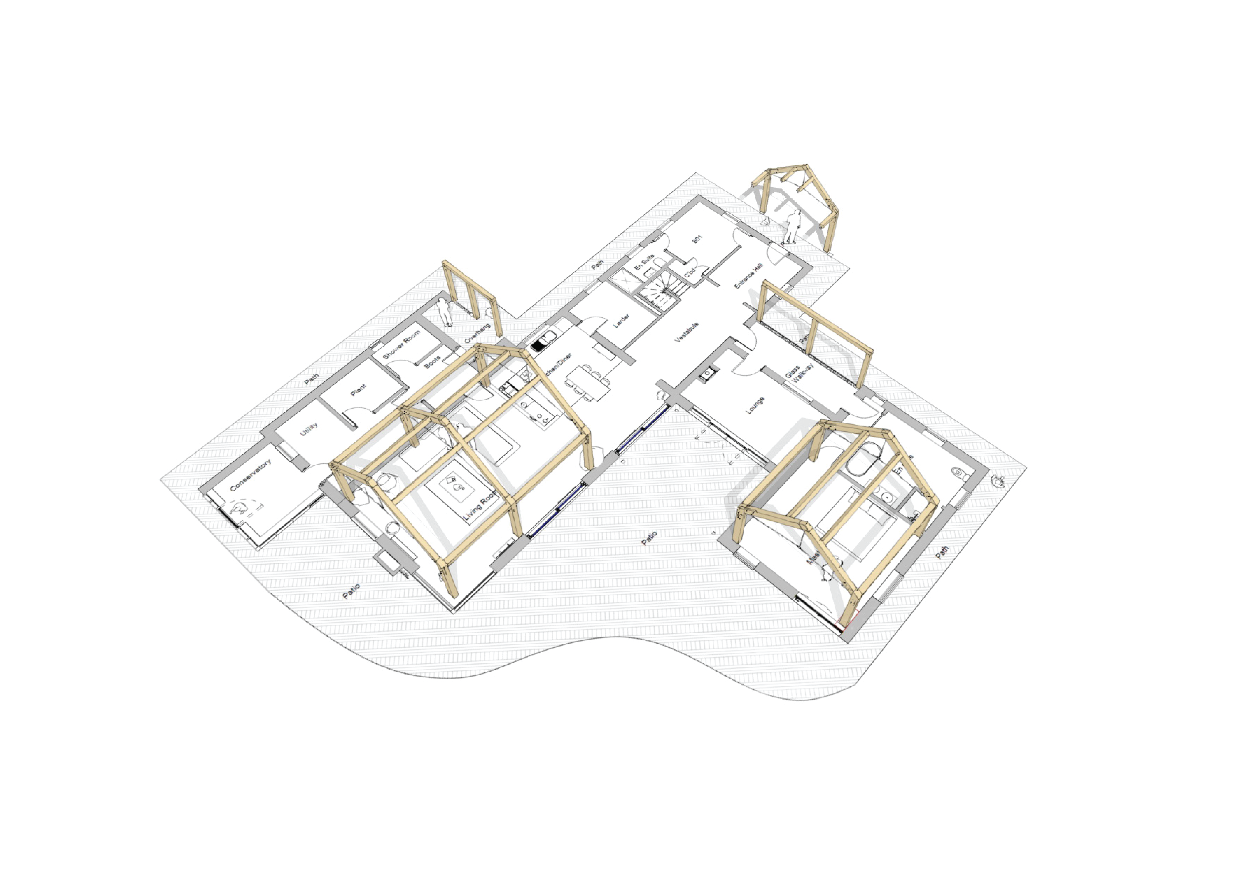 Architectural floorplan sketch of a hybrid timber-frame design, featuring integrated oak frame sections to create vaulted ceilings and highlight structural elements.
