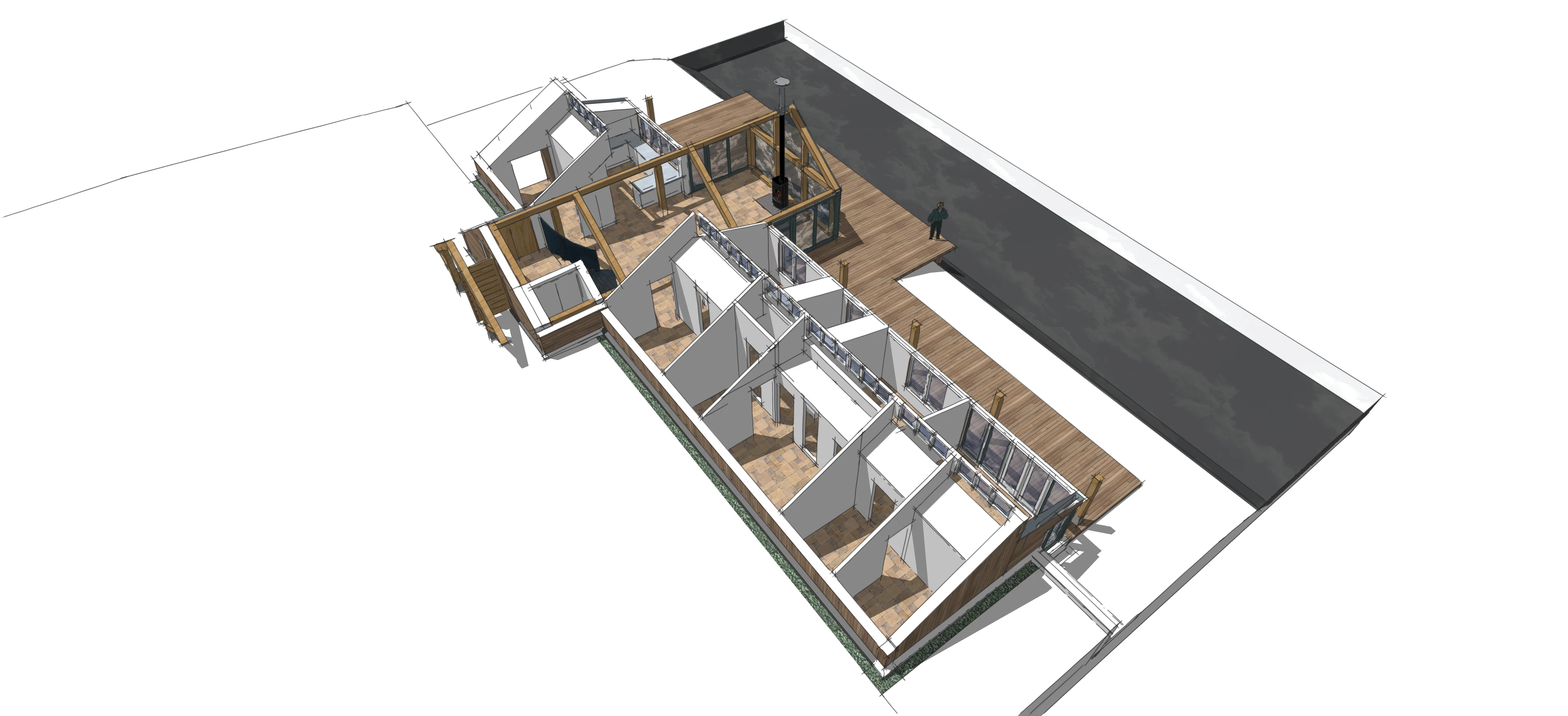 High-quality render of a modern concept home featuring integrated oak frame elements, showcasing a hybrid timber design with exposed structural wood for aesthetic and architectural appeal.