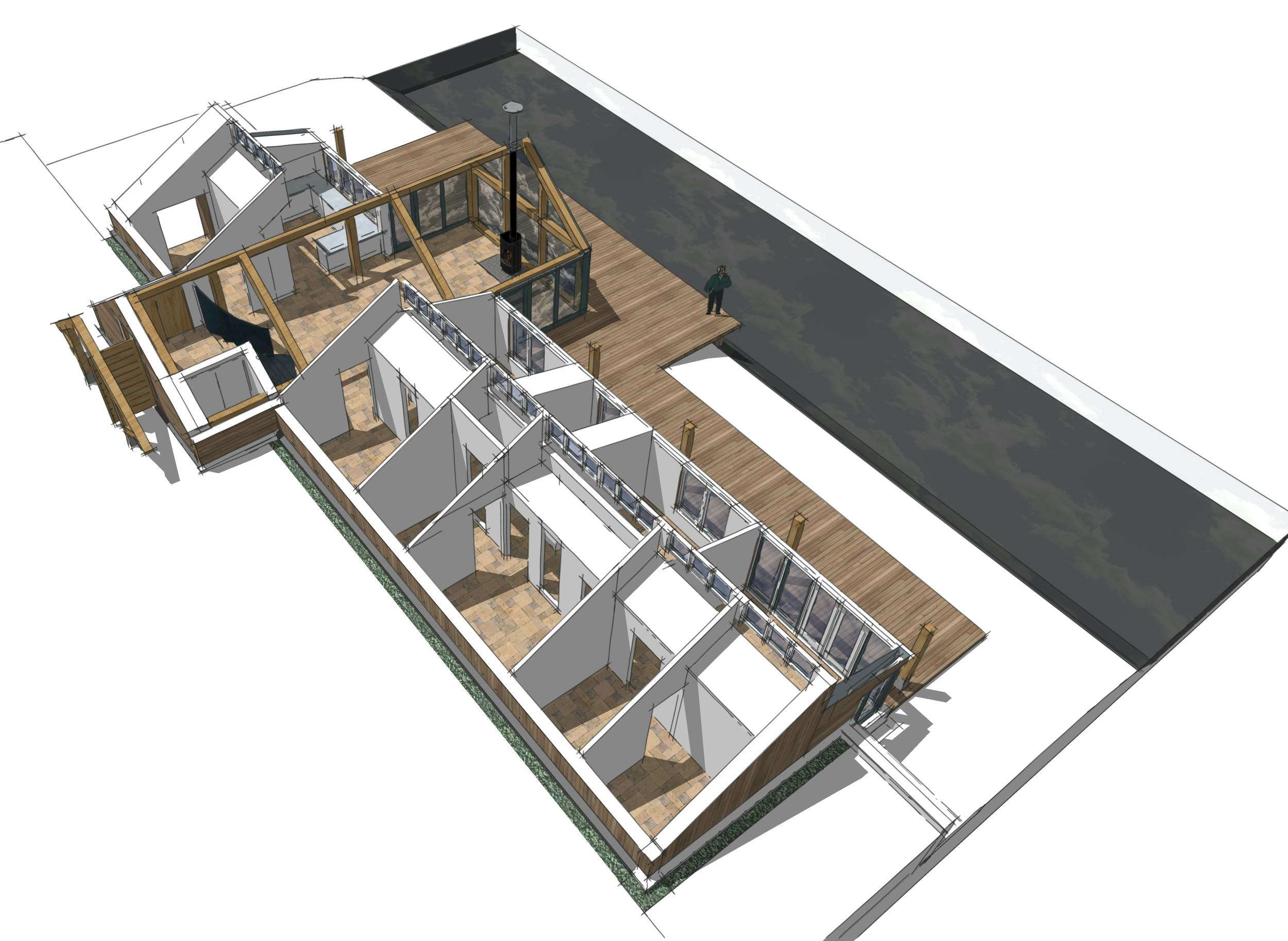 High-quality render of a modern concept home featuring integrated oak frame elements, showcasing a hybrid timber design with exposed structural wood for aesthetic and architectural appeal.