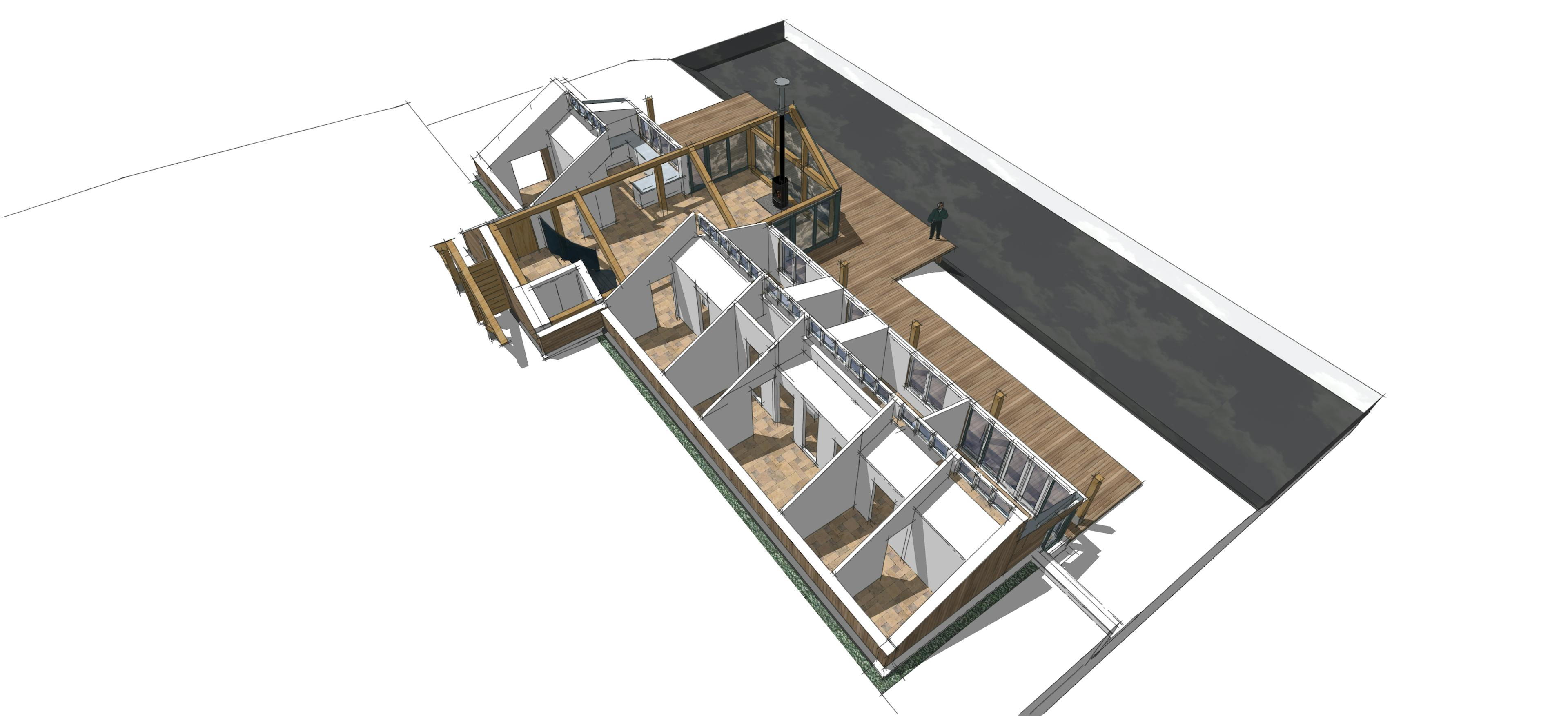 High-quality render of a modern concept home featuring integrated oak frame elements, showcasing a hybrid timber design with exposed structural wood for aesthetic and architectural appeal.