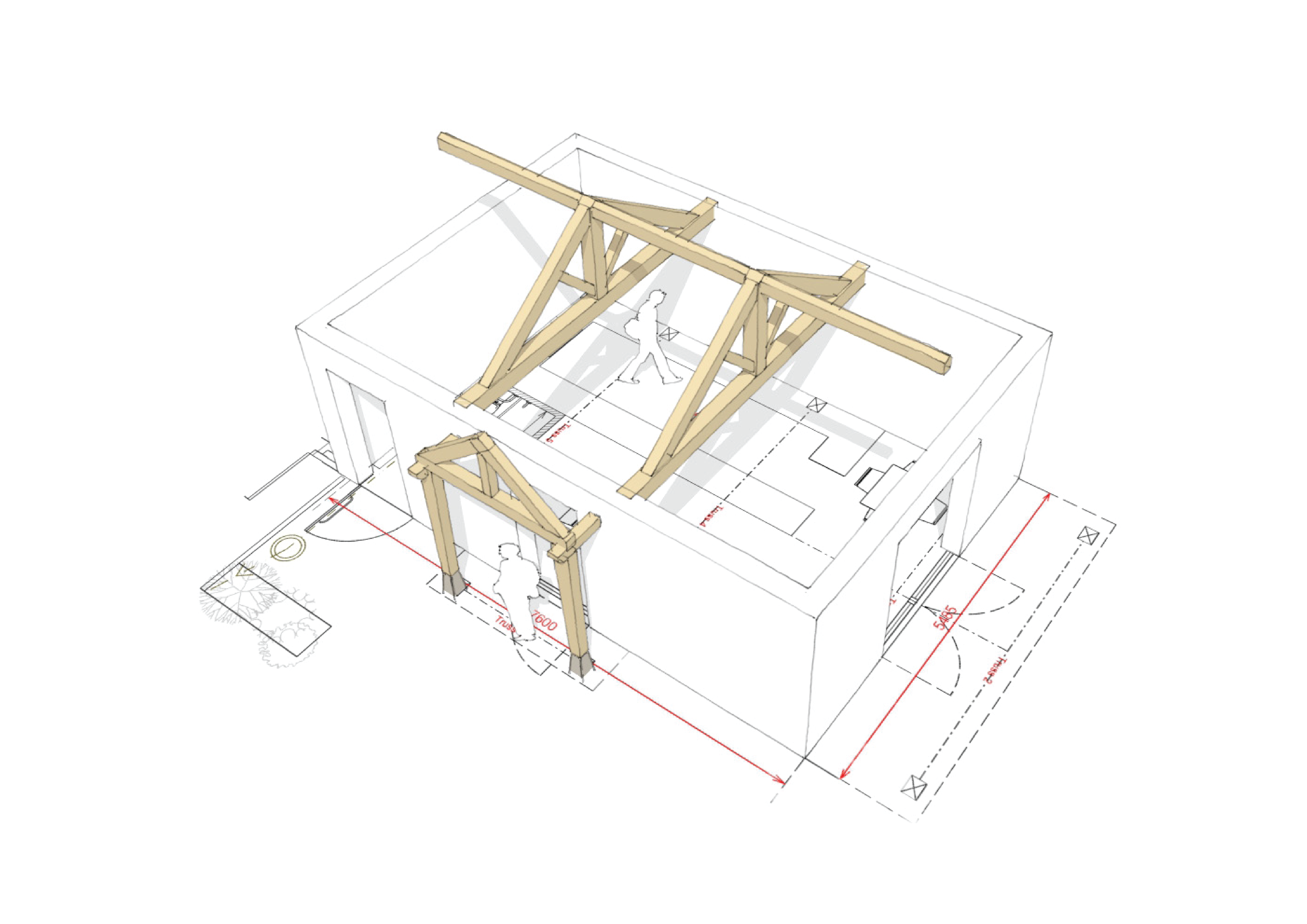 Architectural floorplan sketch of a compact hybrid timber-frame design, highlighting oak trusses and a feature porch for structural and visual interest.
