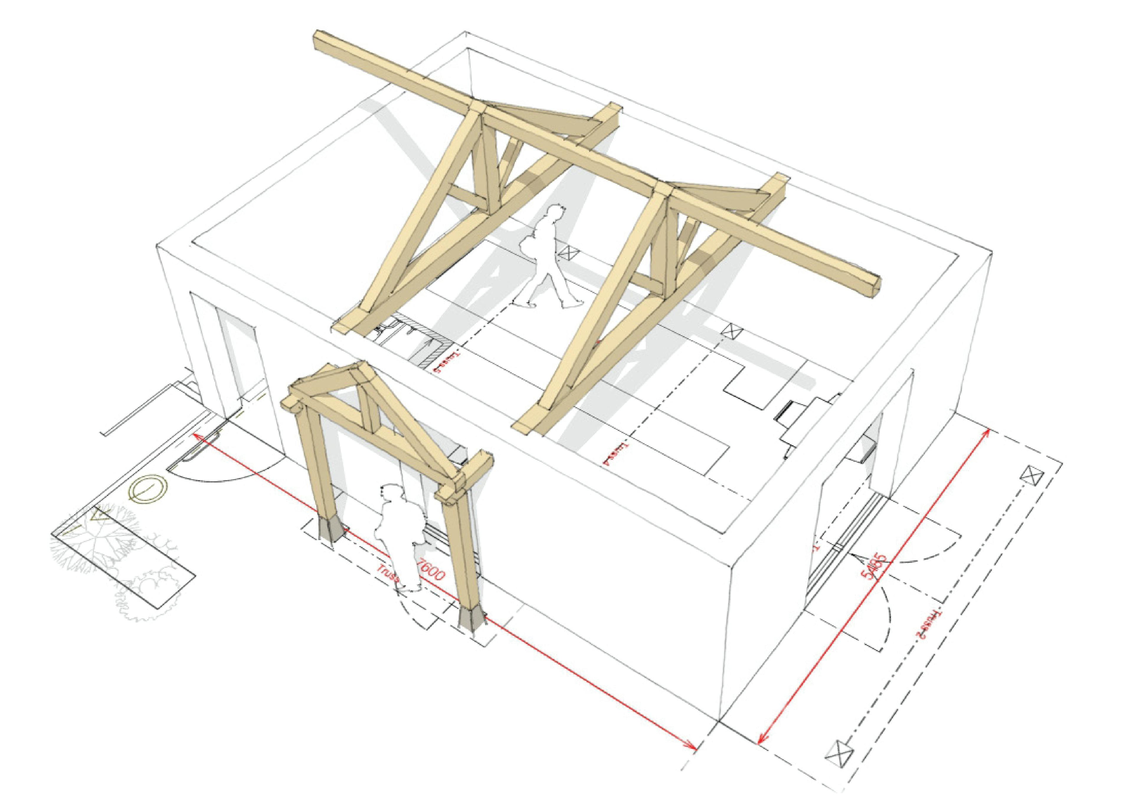 Architectural floorplan sketch of a compact hybrid timber-frame design, highlighting oak trusses and a feature porch for structural and visual interest.