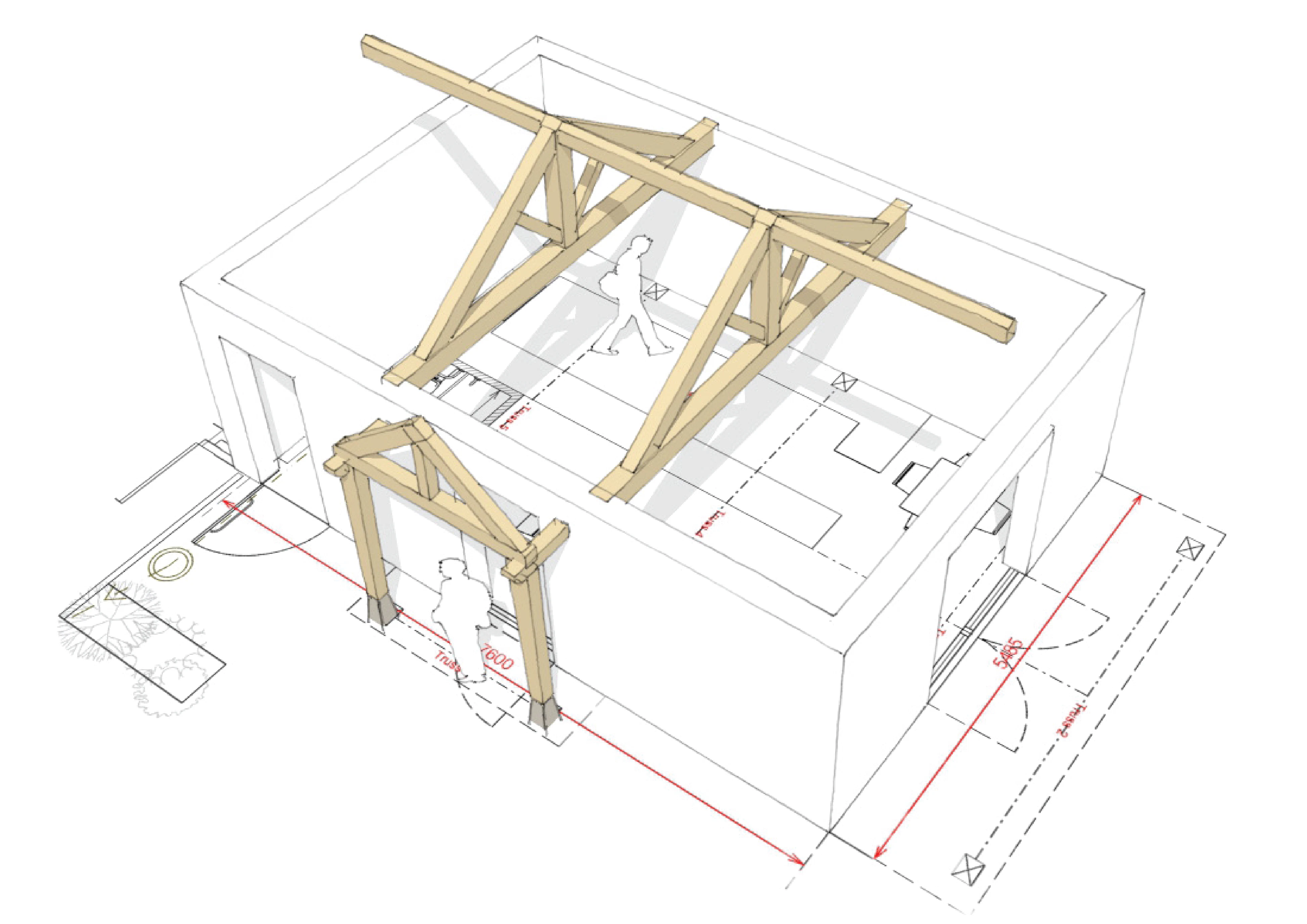 Architectural floorplan sketch of a compact hybrid timber-frame design, highlighting oak trusses and a feature porch for structural and visual interest.