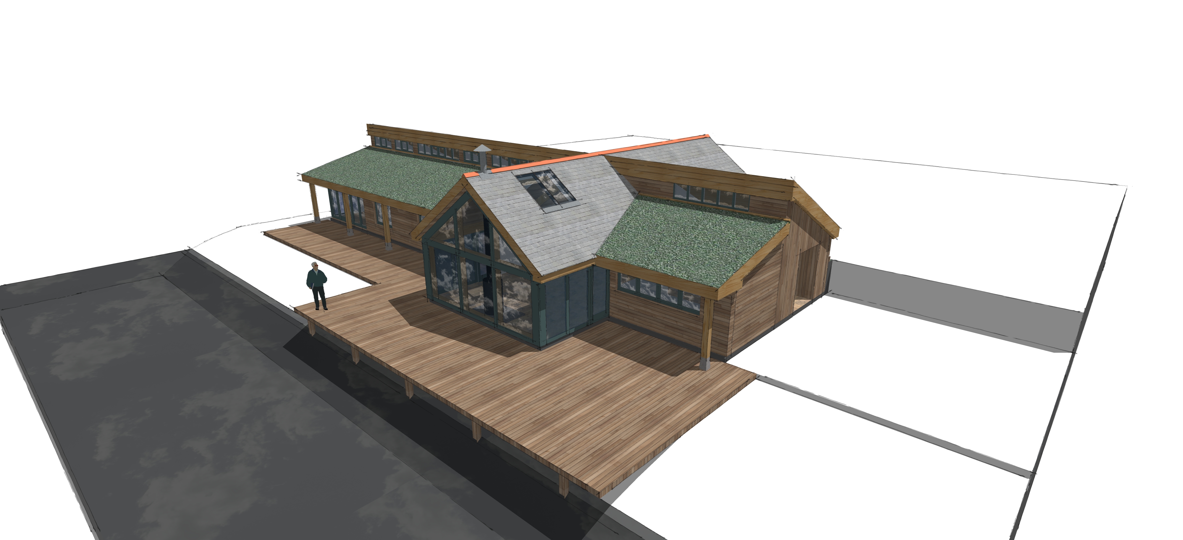 Exterior render of a concept home featuring integrated oak frame elements, highlighting the hybrid timber construction and architectural design details.