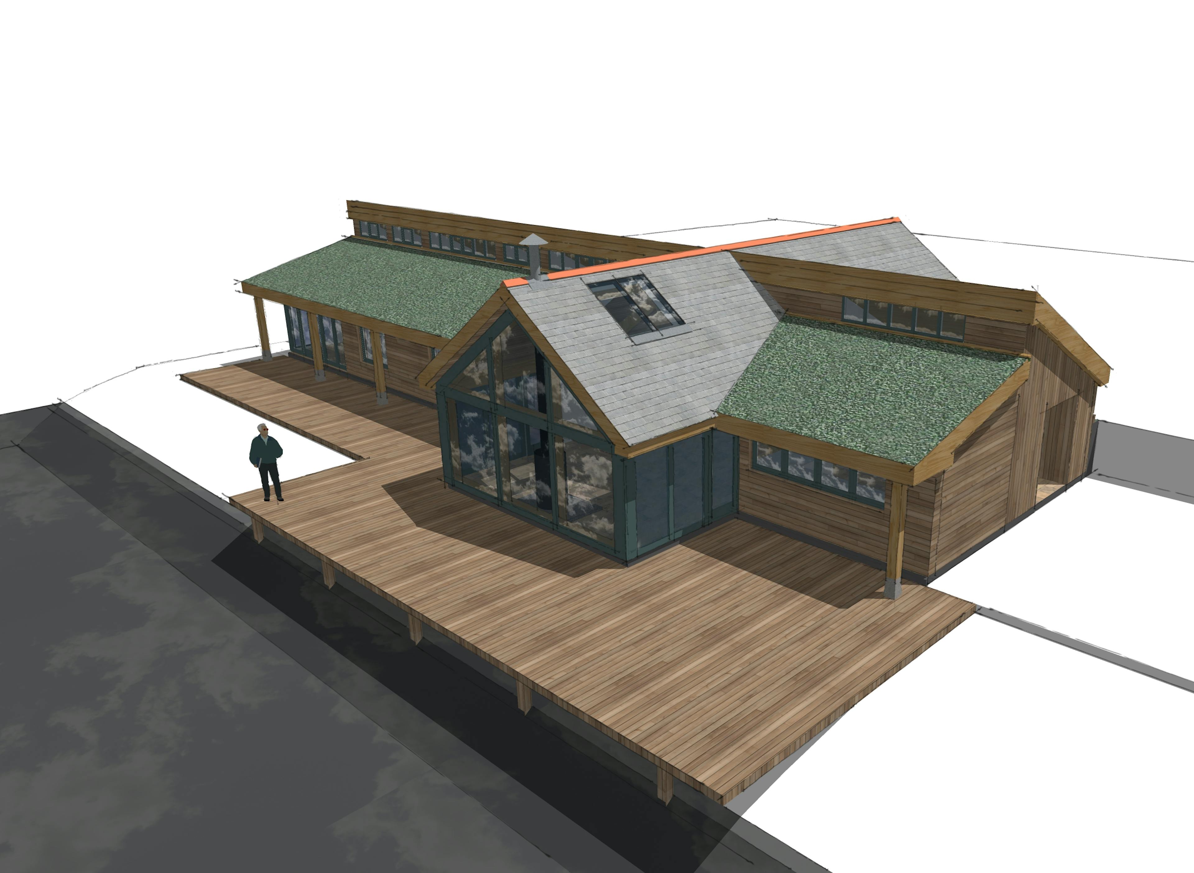Exterior render of a concept home featuring integrated oak frame elements, highlighting the hybrid timber construction and architectural design details.