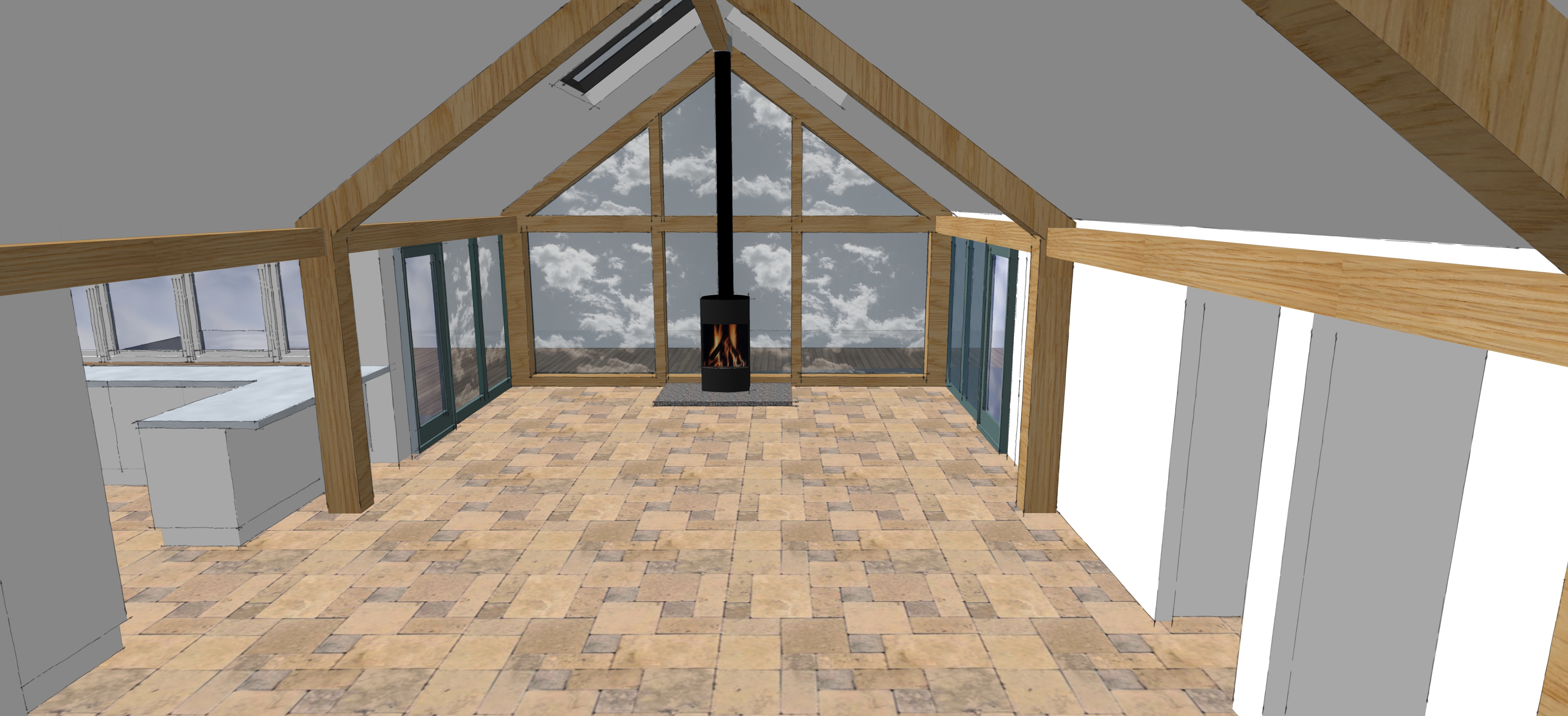 Interior render of a concept home showcasing oak frame construction with a glazed gable, featuring exposed timber beams and large windows for natural light.