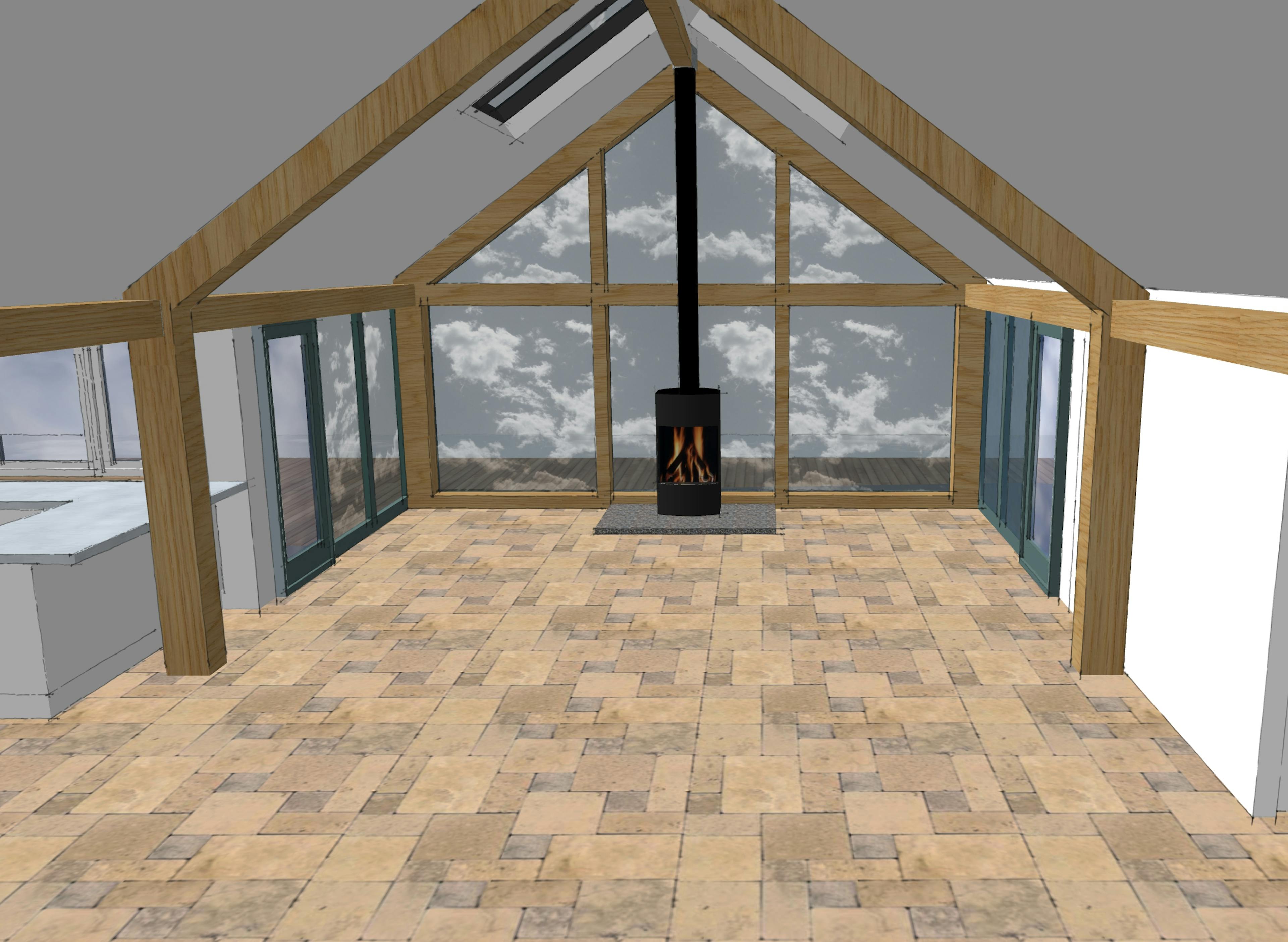 Interior render of a concept home showcasing oak frame construction with a glazed gable, featuring exposed timber beams and large windows for natural light.