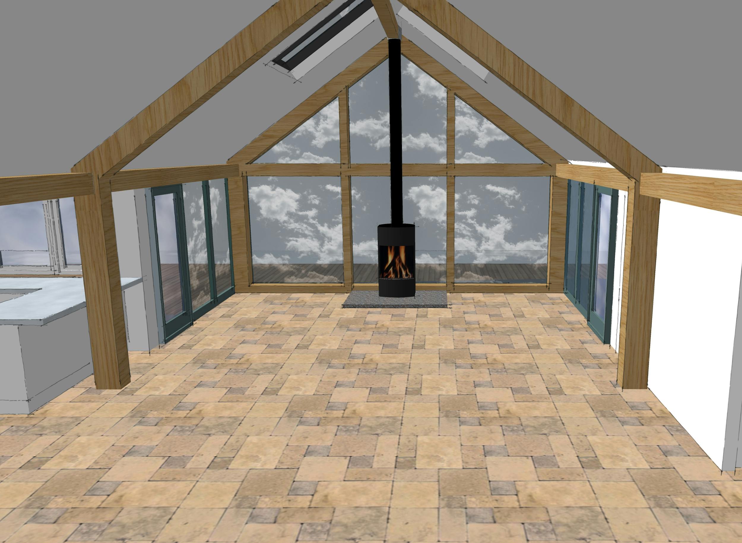 Interior render of a concept home showcasing oak frame construction with a glazed gable, featuring exposed timber beams and large windows for natural light.