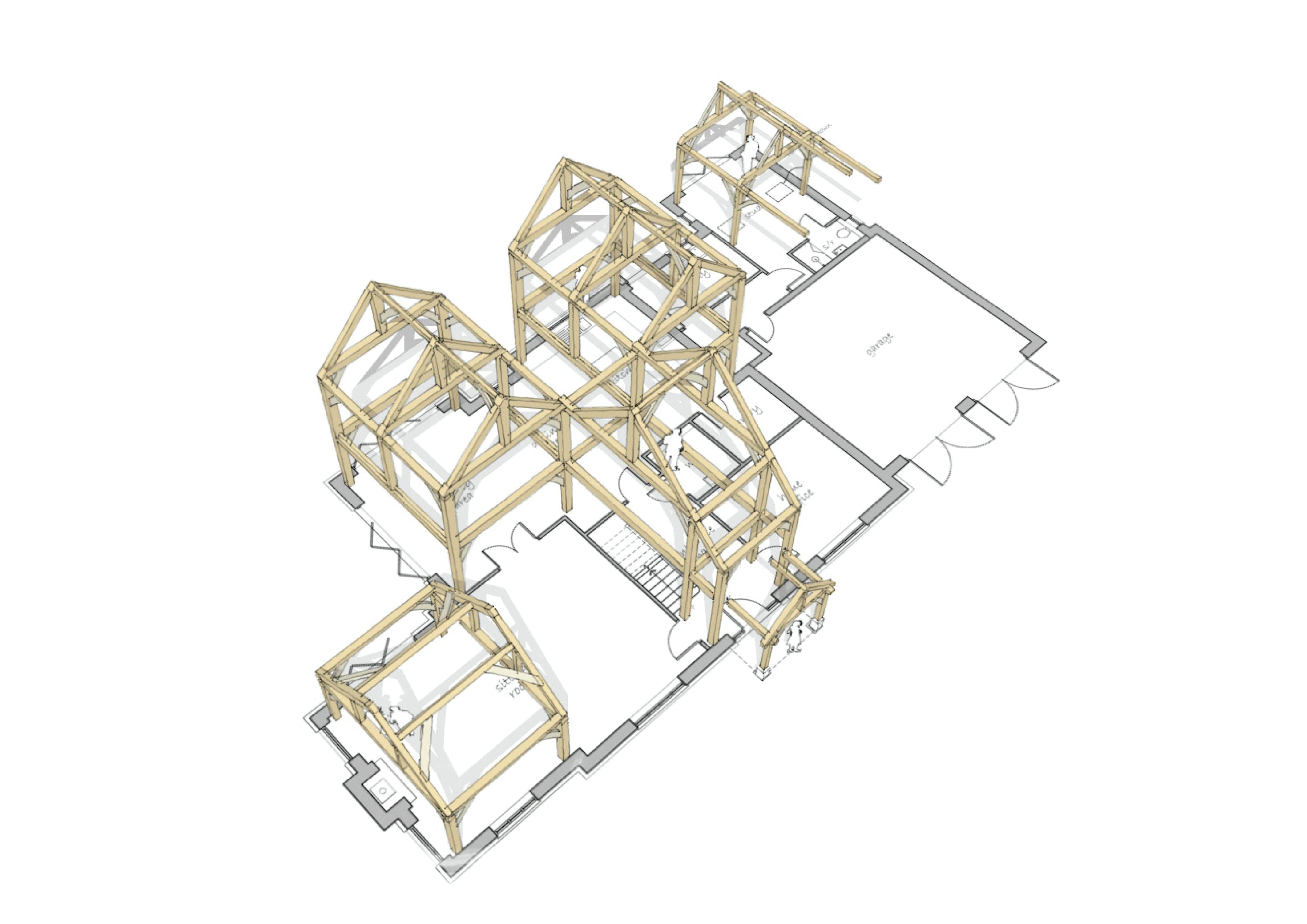 Architectural floorplan of a medium-sized hybrid timber frame home, detailing integrated timber sections and spatial layout across key living areas.