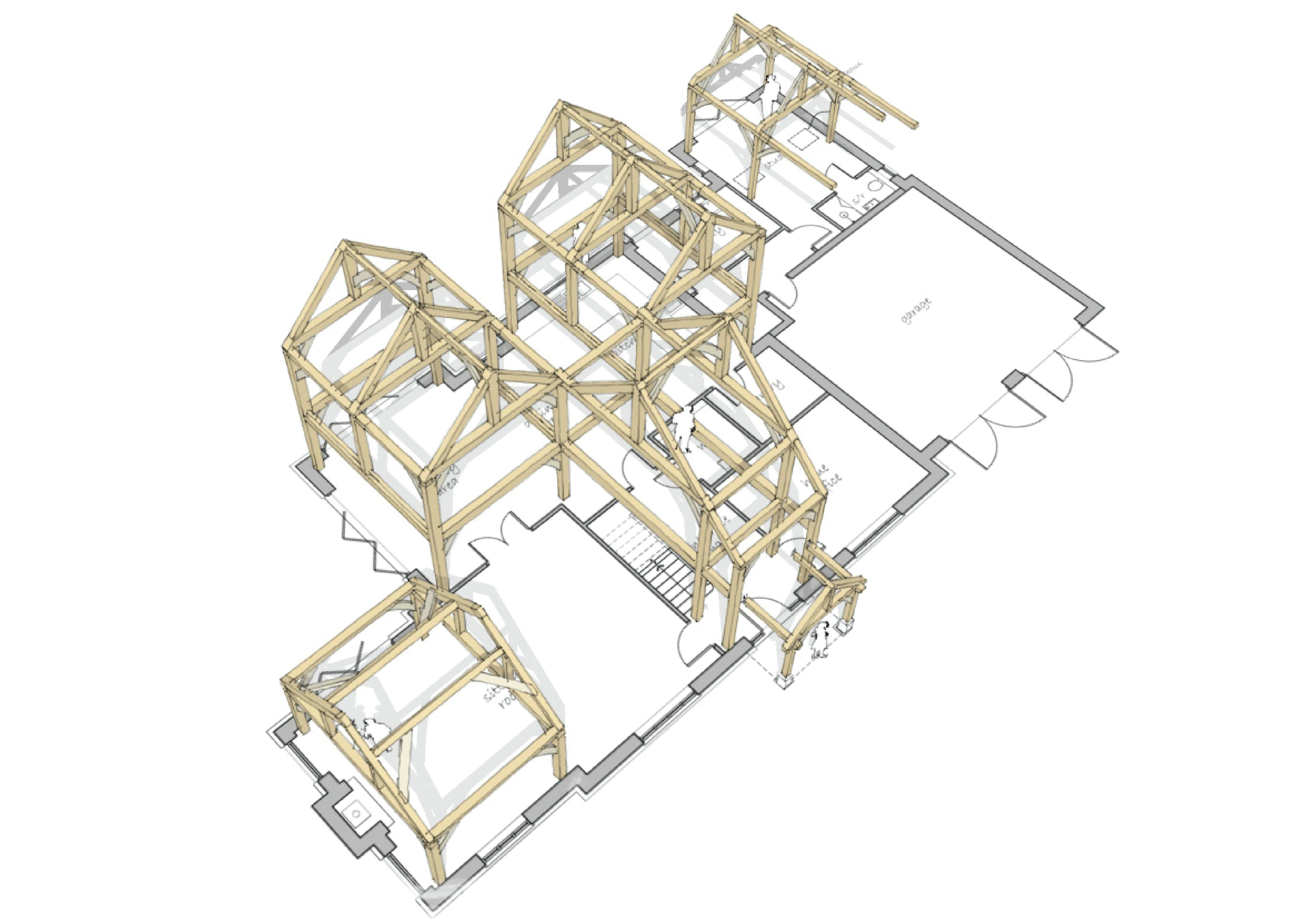 Architectural floorplan of a medium-sized hybrid timber frame home, detailing integrated timber sections and spatial layout across key living areas.