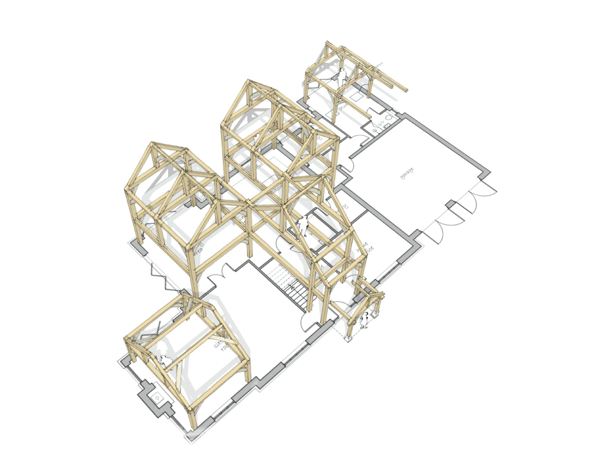 Architectural floorplan of a medium-sized hybrid timber frame home, detailing integrated timber sections and spatial layout across key living areas.