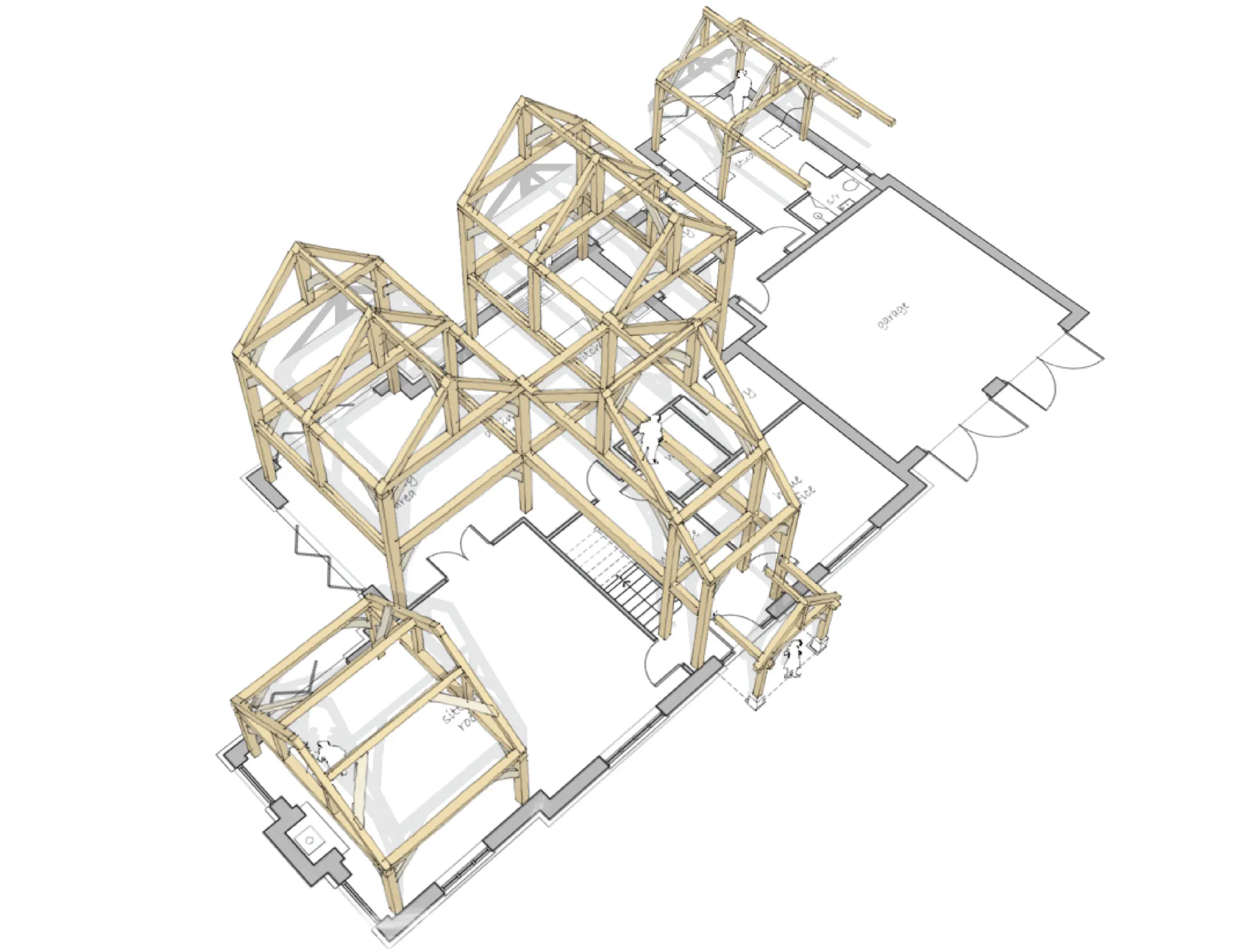 Architectural floorplan of a medium-sized hybrid timber frame home, detailing integrated timber sections and spatial layout across key living areas.
