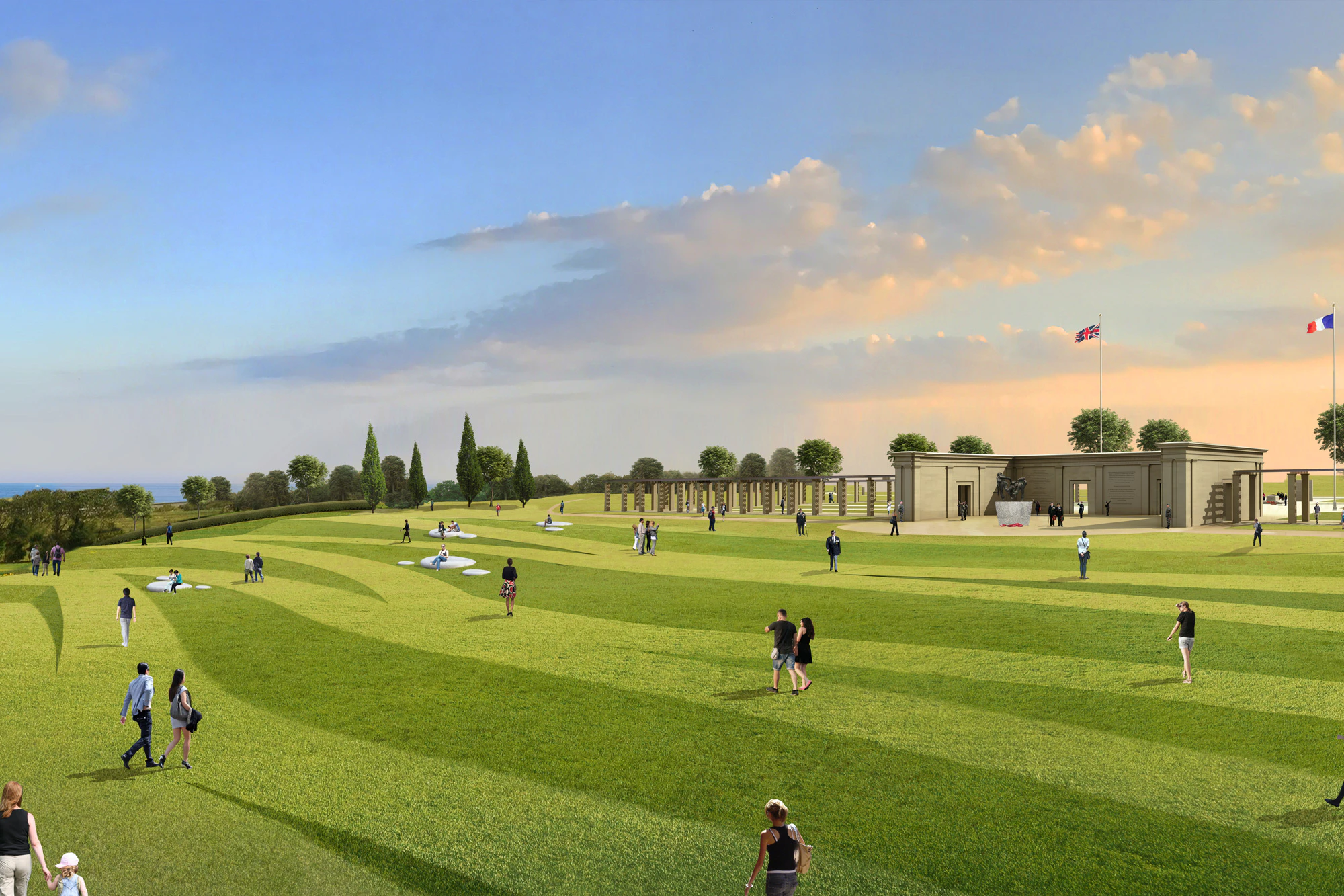 Visual rendering of the British Normandy Memorial pergola by architect Liam O’Connor, showing the pergola integrated into a landscaped setting with trees, pathways, and surrounding greenery.
