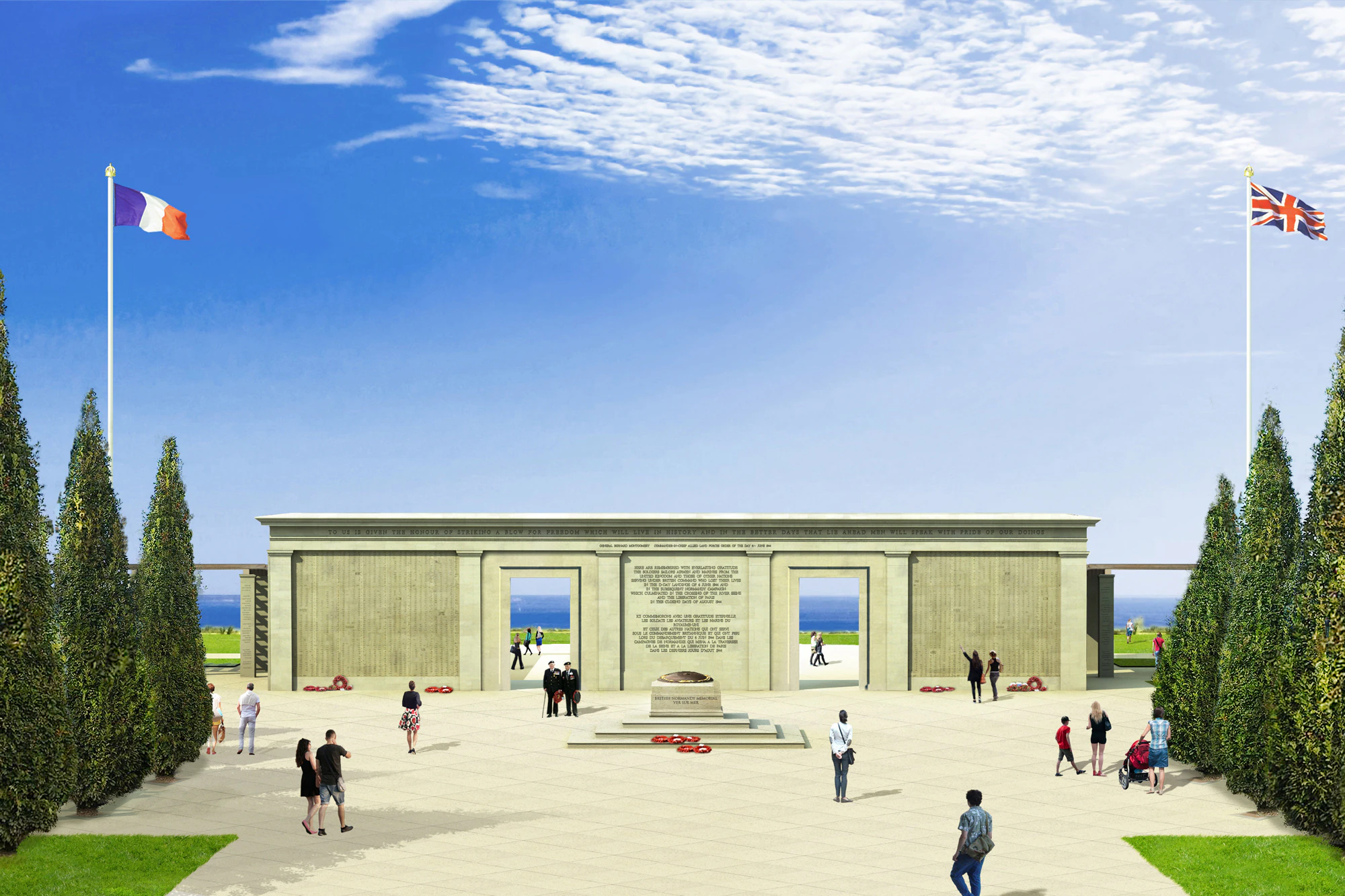 Architectural rendering of the British Normandy Memorial pergola by Liam O’Connor, showing the colonnaded structure aligned toward a panoramic sea view, set within a formal landscaped setting.