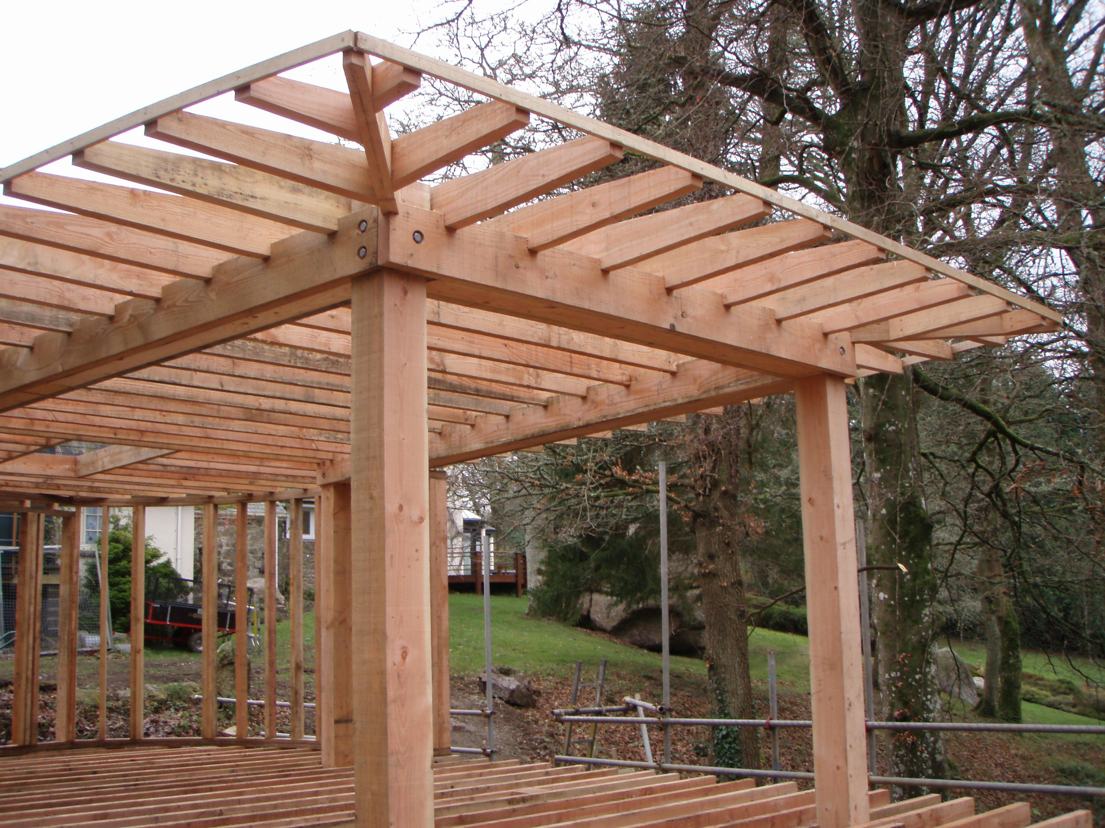 Construction of the roof structure for a treehouse in Dartmoor, showing Douglas fir timber beams being assembled and joined on site
