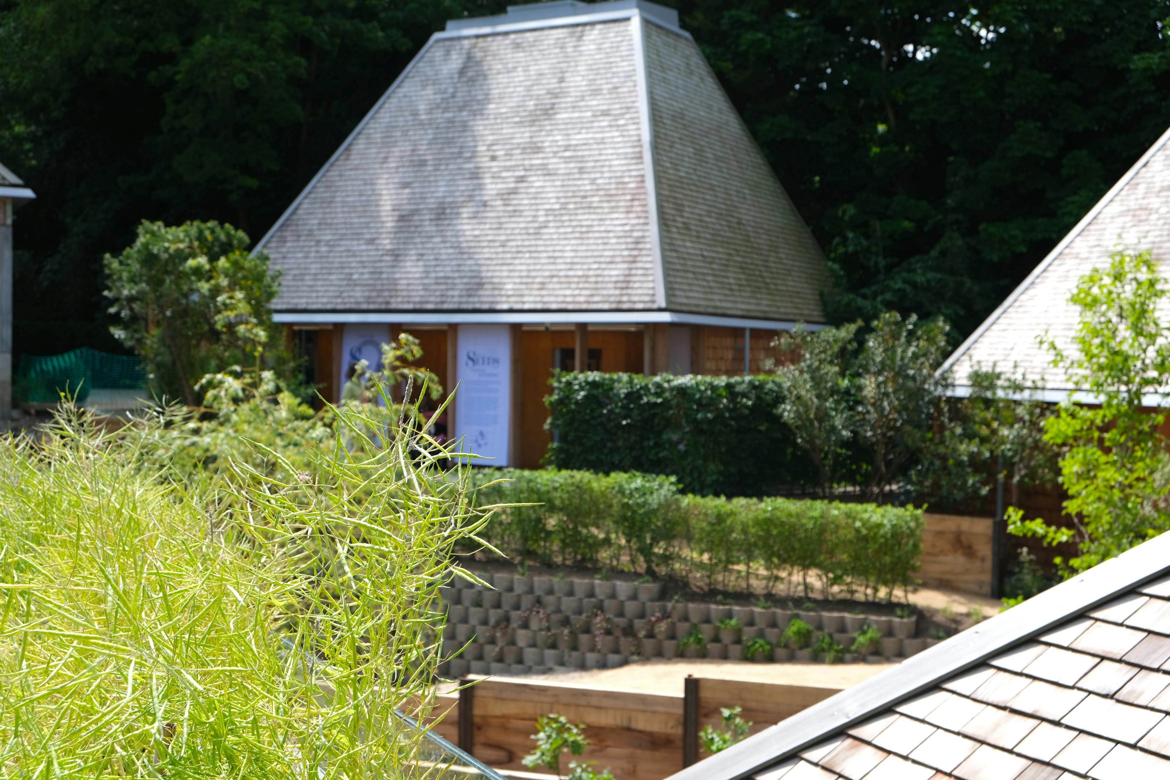 Exterior of a modern timber-framed venue known as the Seed Vault, featuring clean lines, large windows, and natural wood cladding, set within a landscaped garden