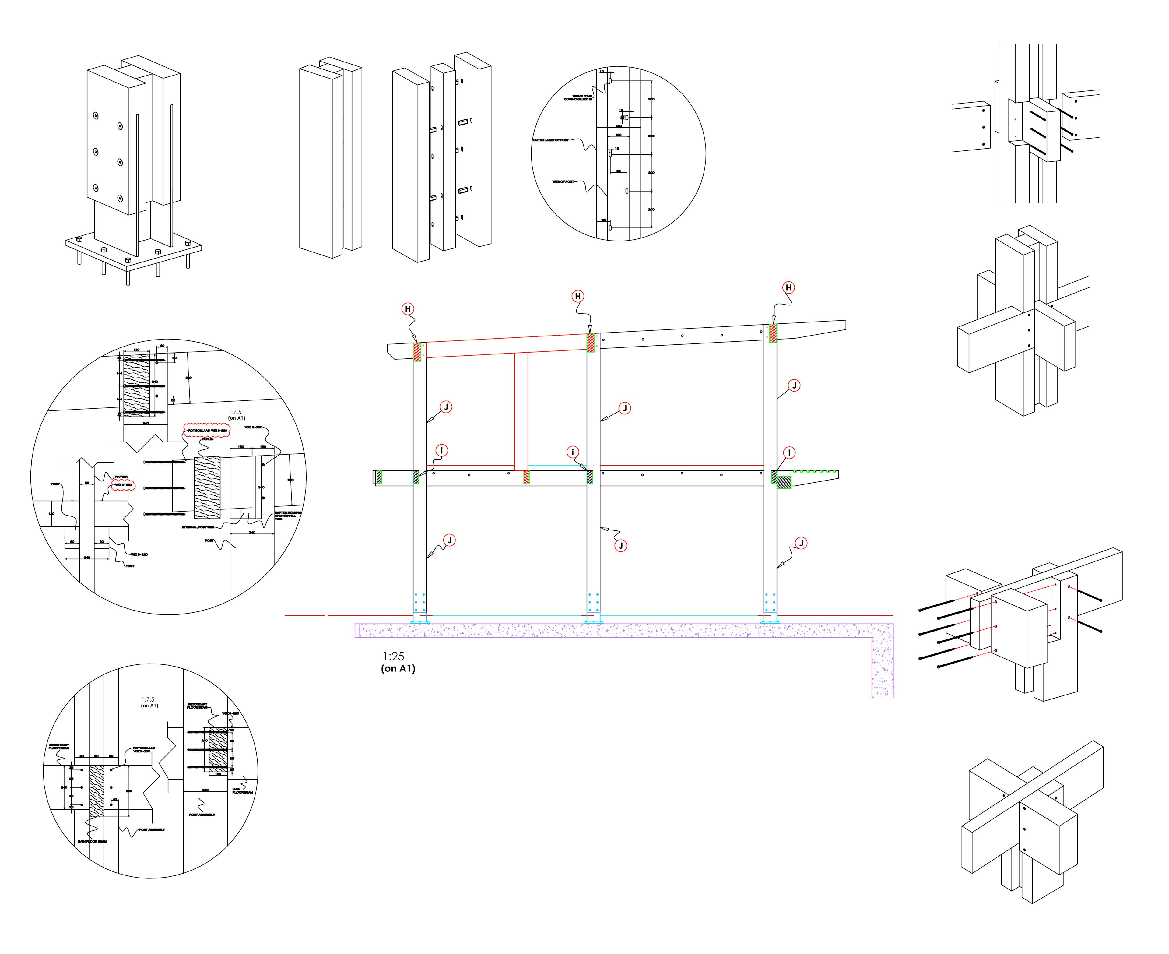 Technical drawings of a large house made from glulam timber