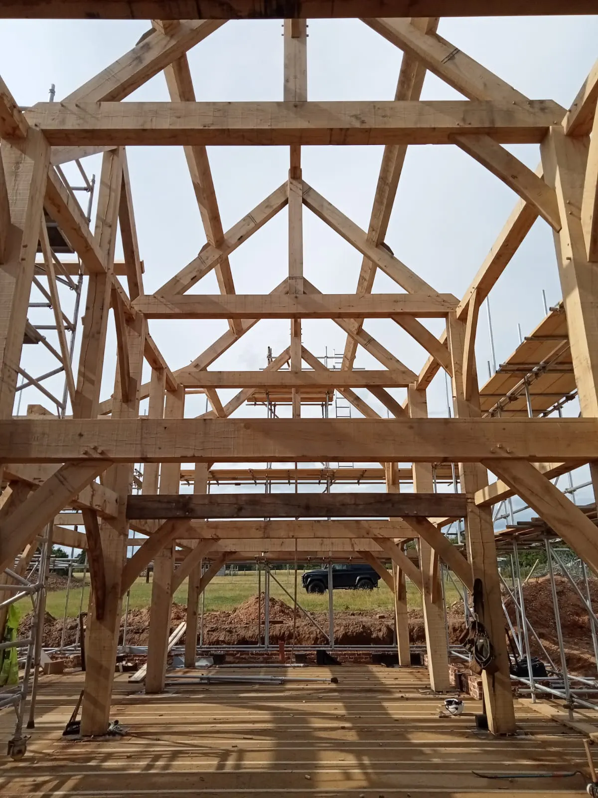 The trusses on an oak frame home during construction
