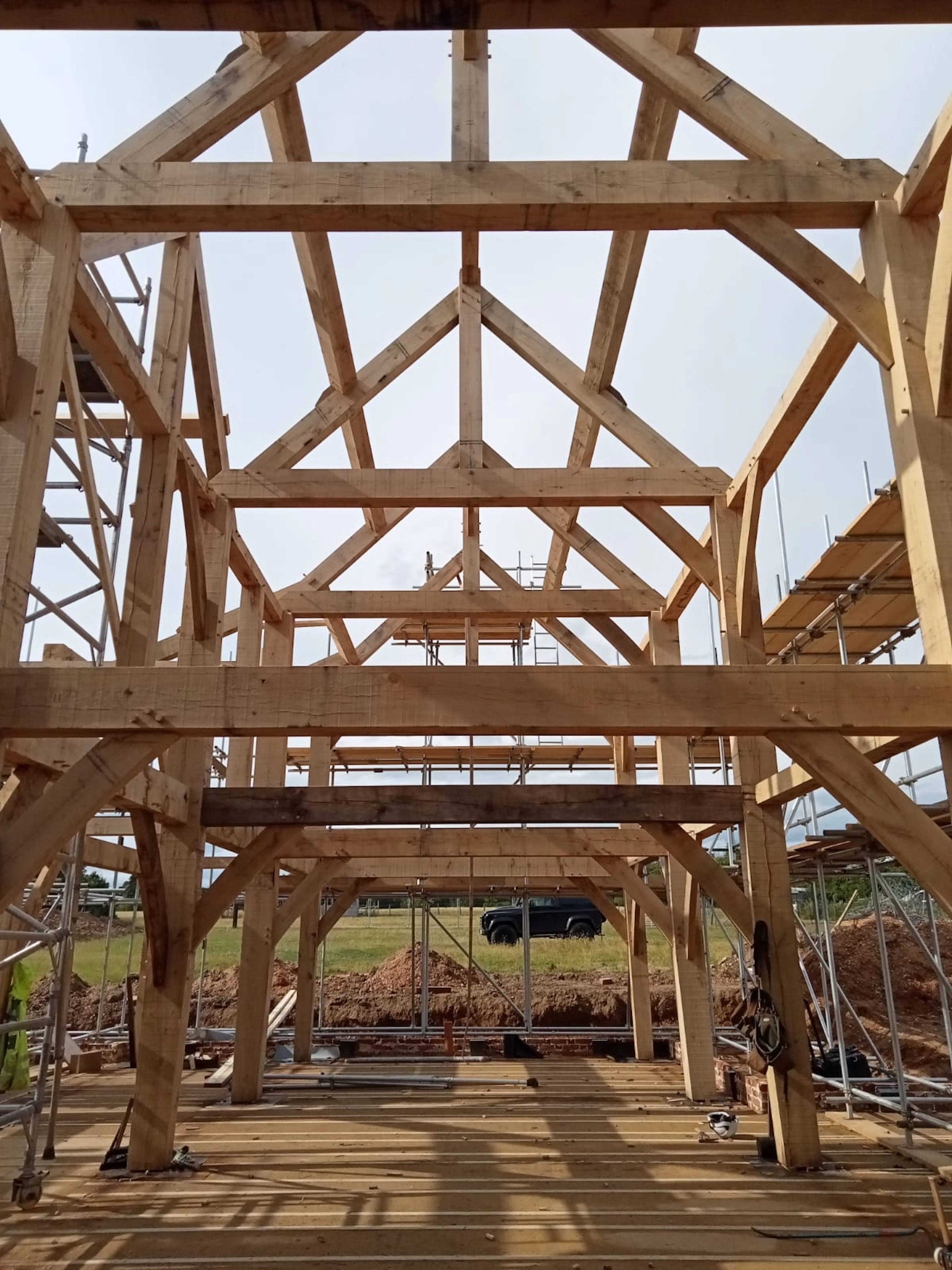 The trusses on an oak frame home during construction