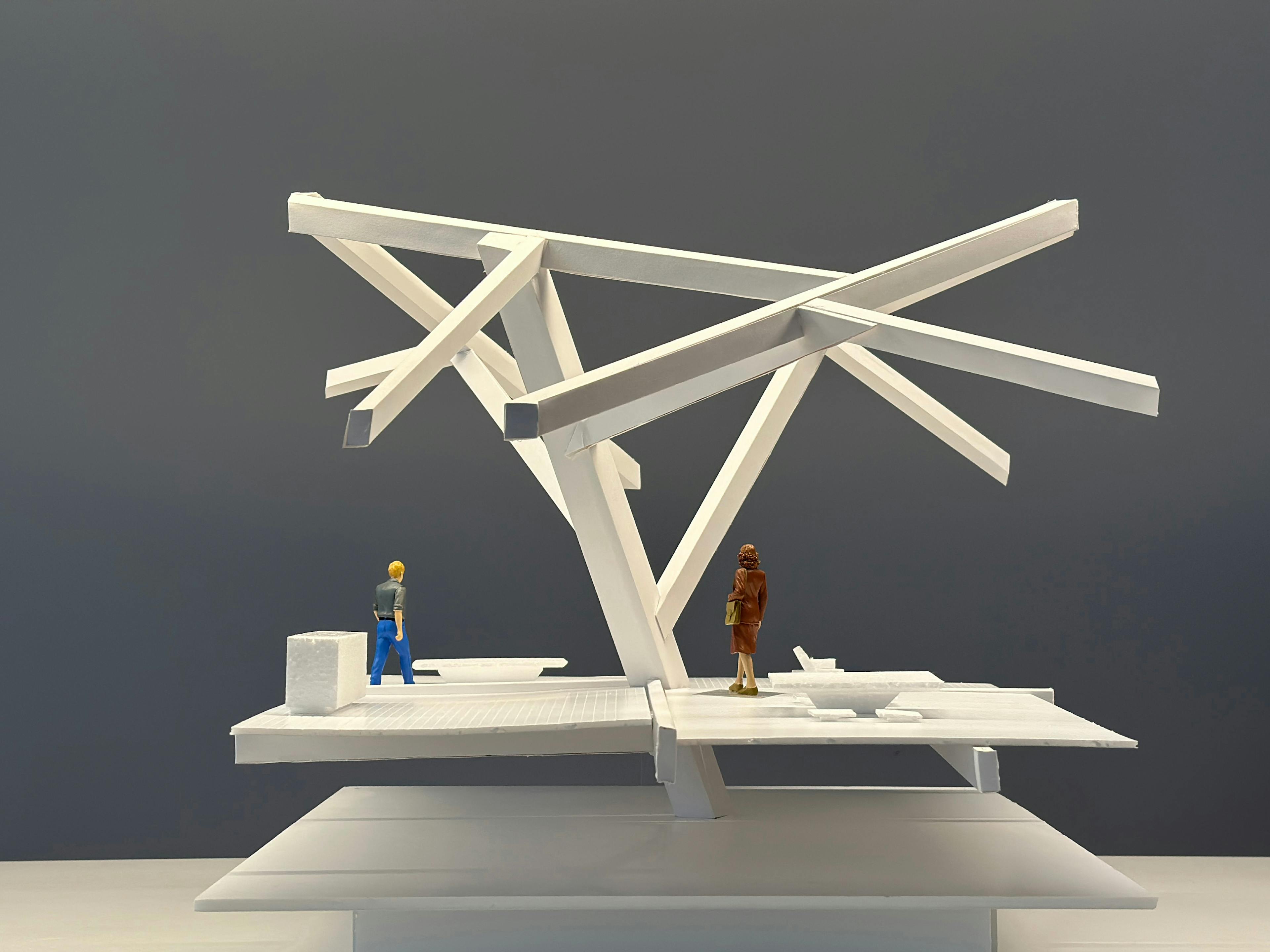 A model of a structural frame to sit within a boathouse