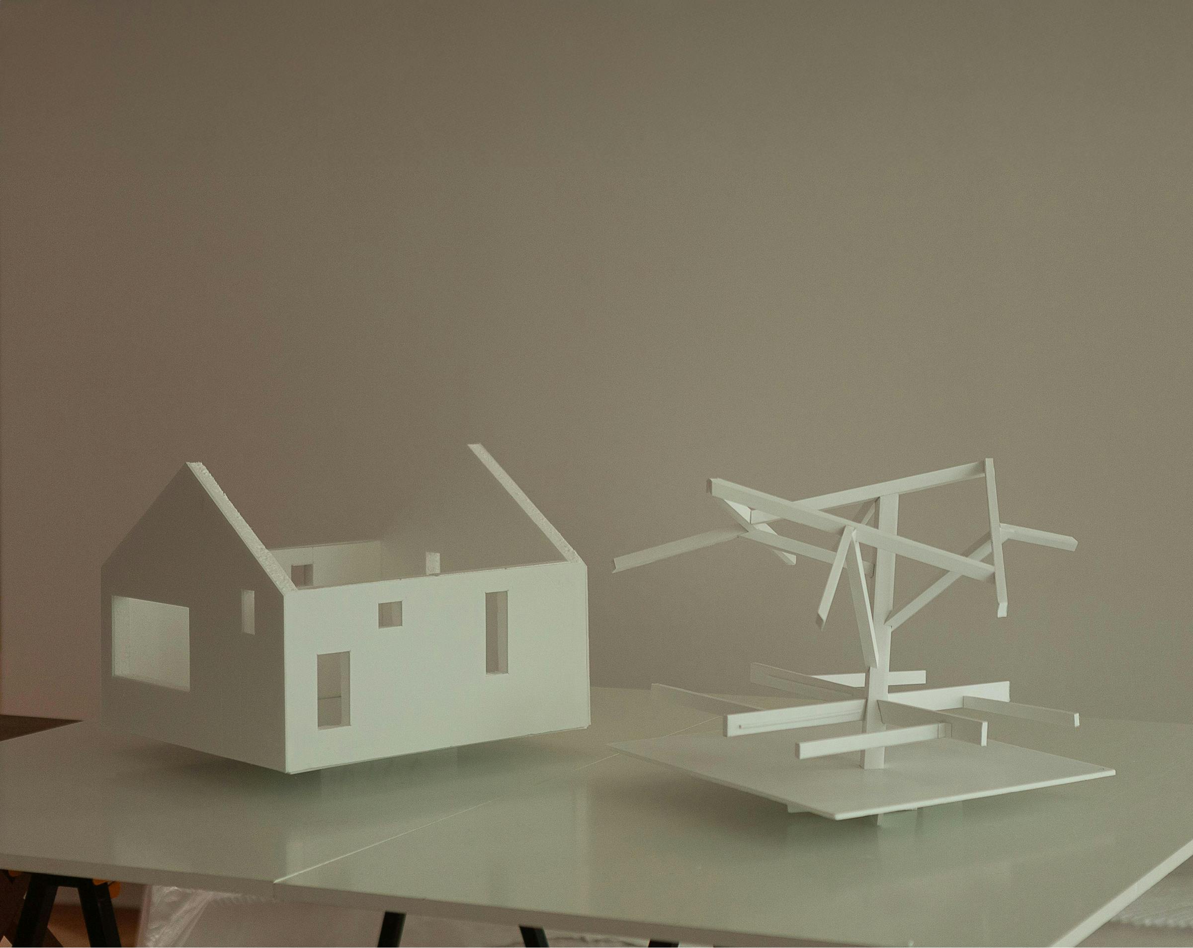 A model of a structural frame to sit within a boathouse