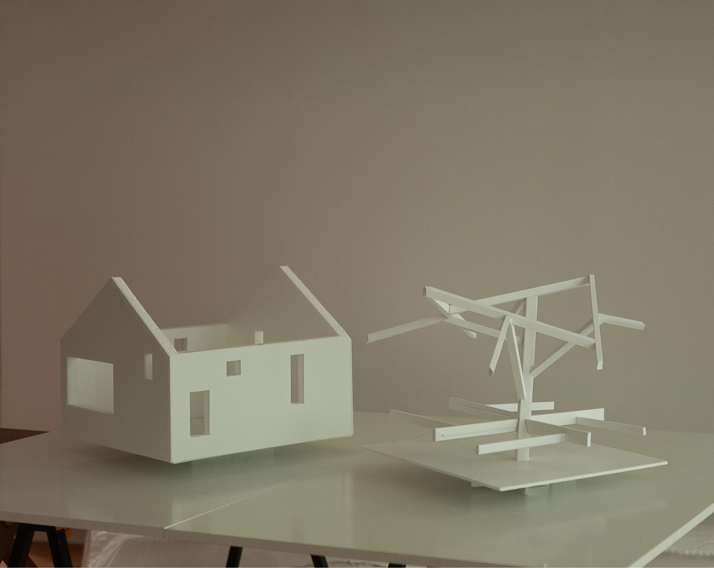 A model of a structural frame to sit within a boathouse