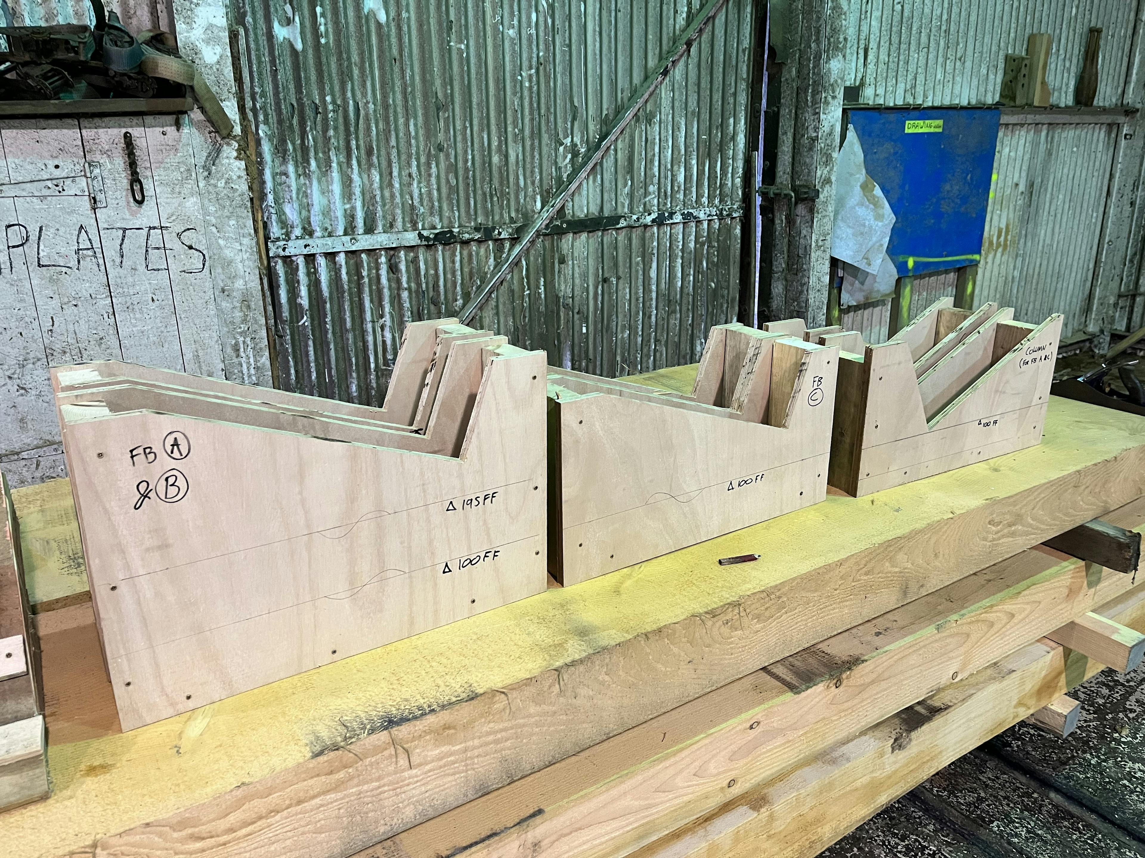 Cutting template prepared in the workshop for shaping Douglas fir and larch components of the Riverside Boathouse