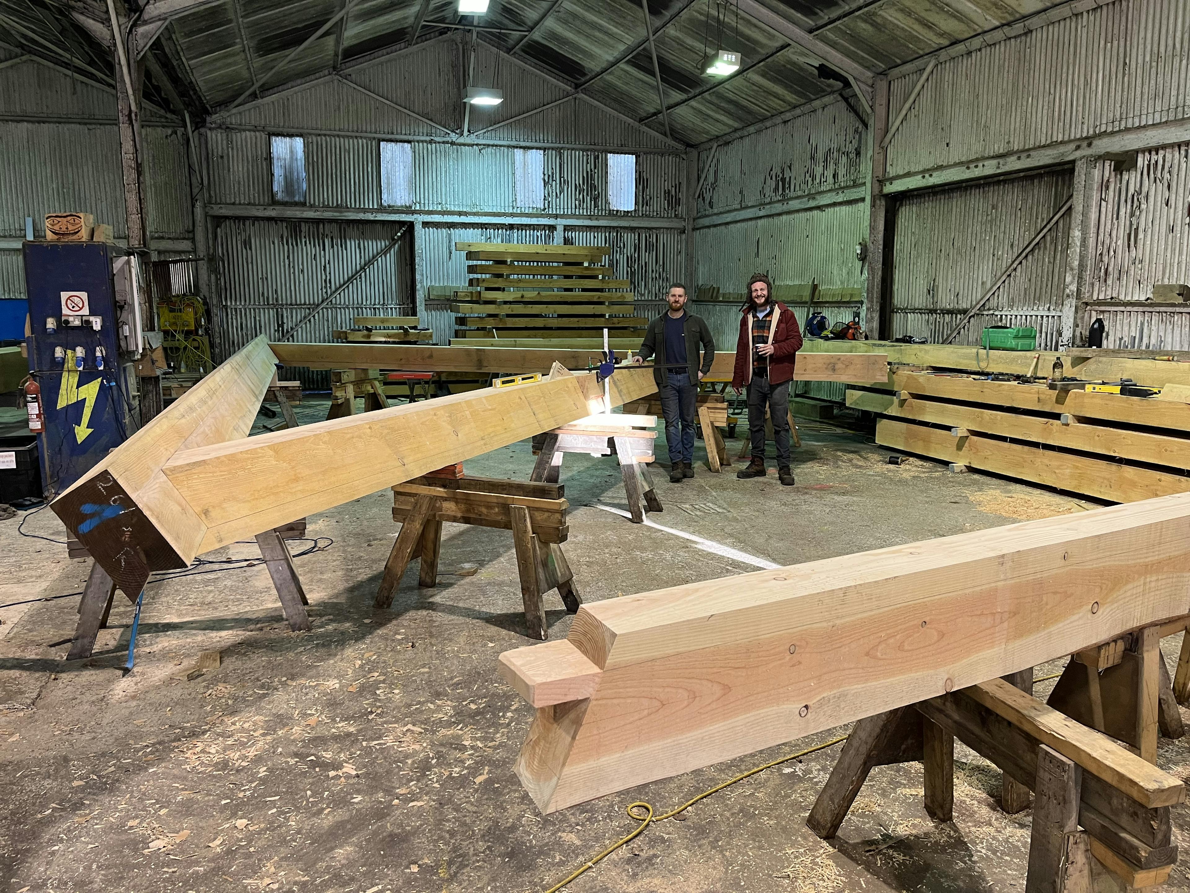 Workshop assembly of Douglas fir and larch components for the Riverside Boathouse