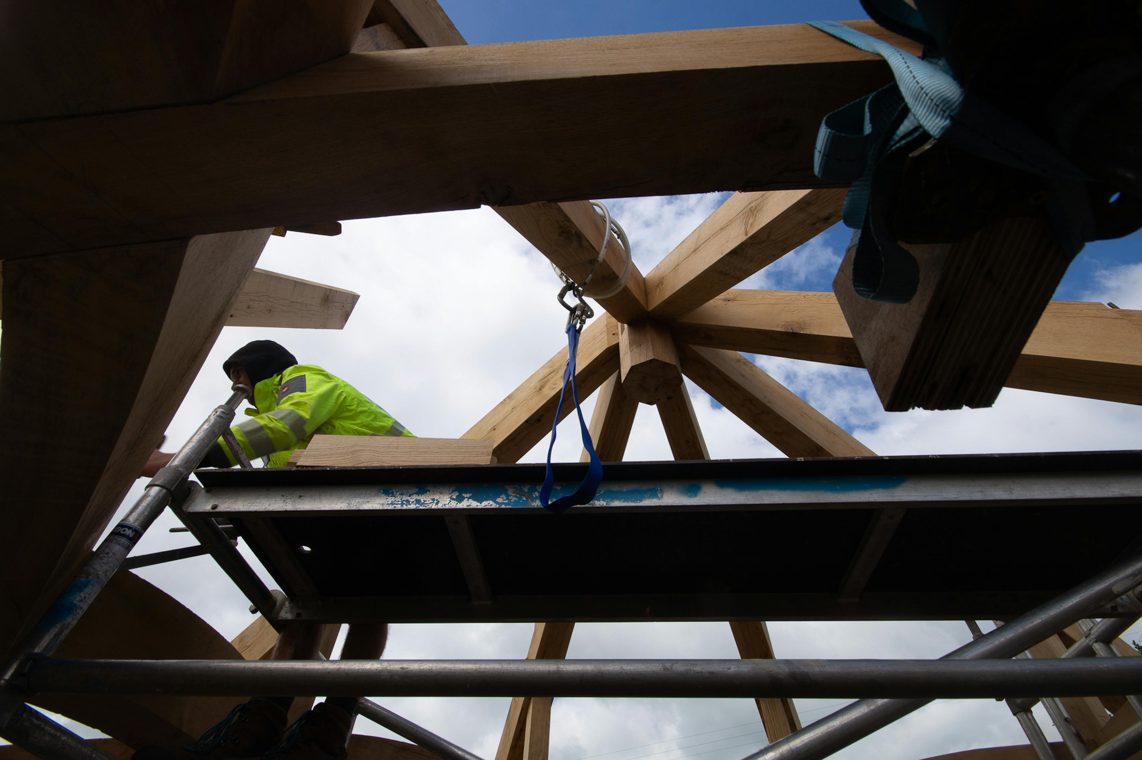 Timber frame pendant detail for Radley College under construction in the Carpenter Oak workshop, designed by Purcell Architects, highlighting intricate joinery and craftsmanship