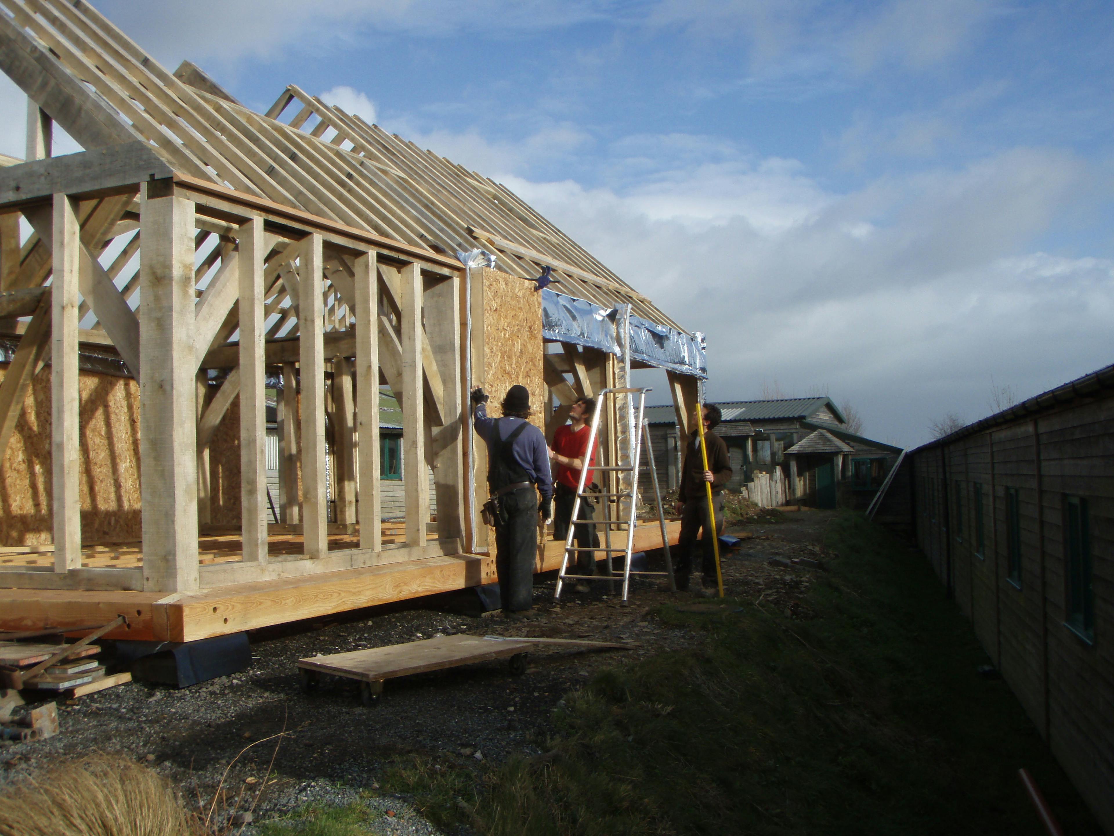 Assembly of structural insulated panels (SIP) at the Carpenter Oak show barn in East Cornworthy, highlighting the construction process and timber frame integration