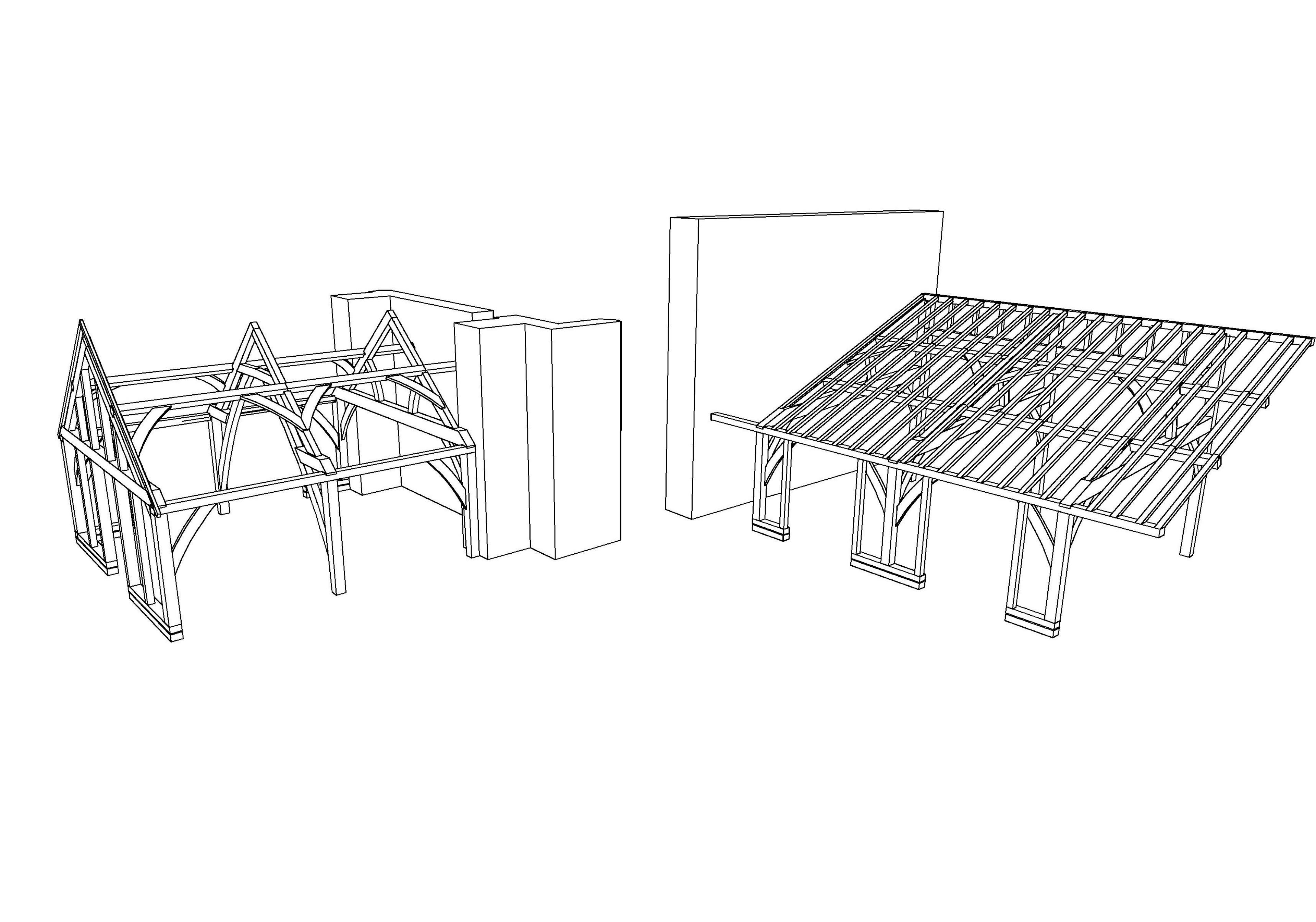 A concept design sketch design of two oak framed rooms as extensions