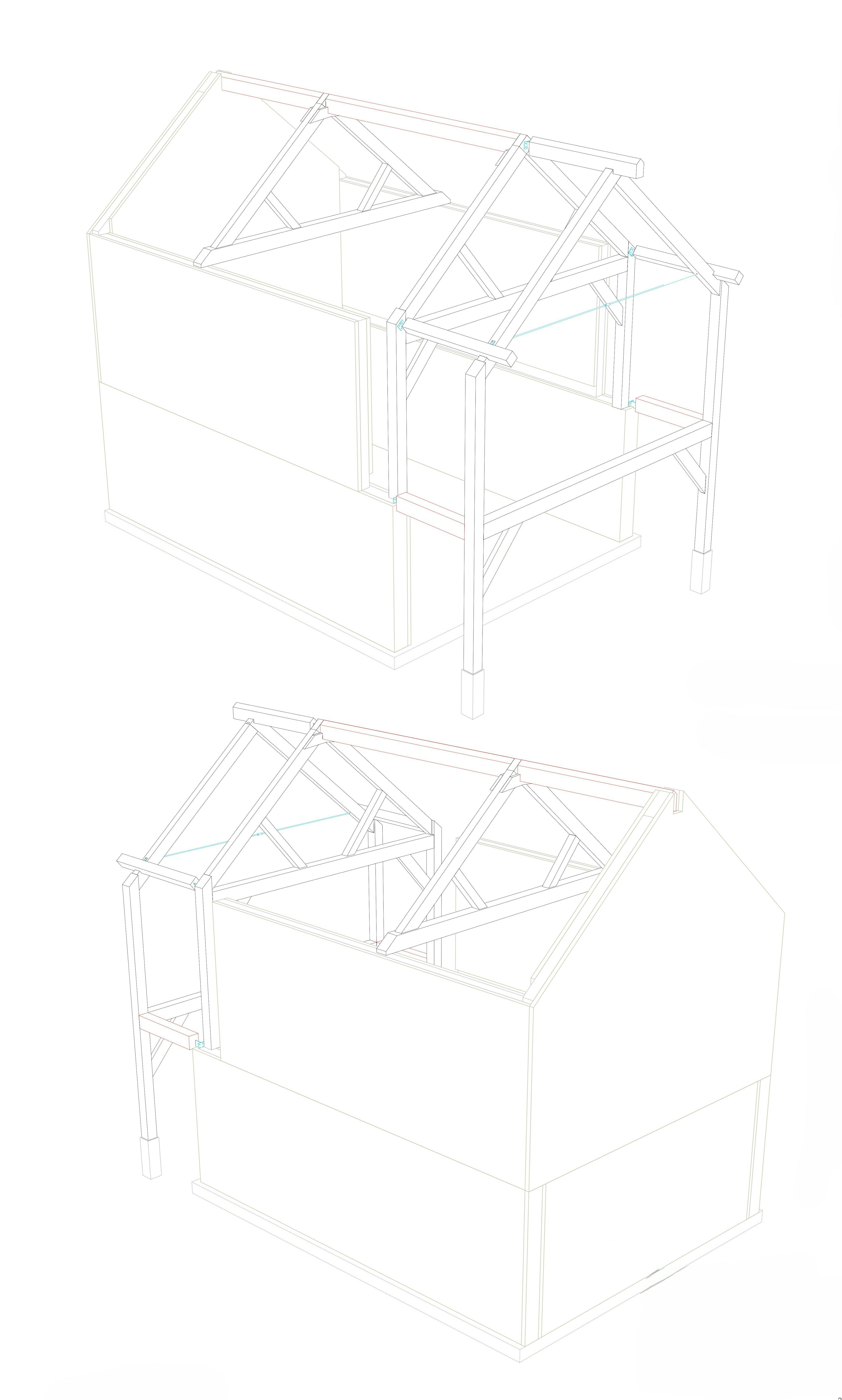 A computer sketch design drawing of an oak frame for a boathouse