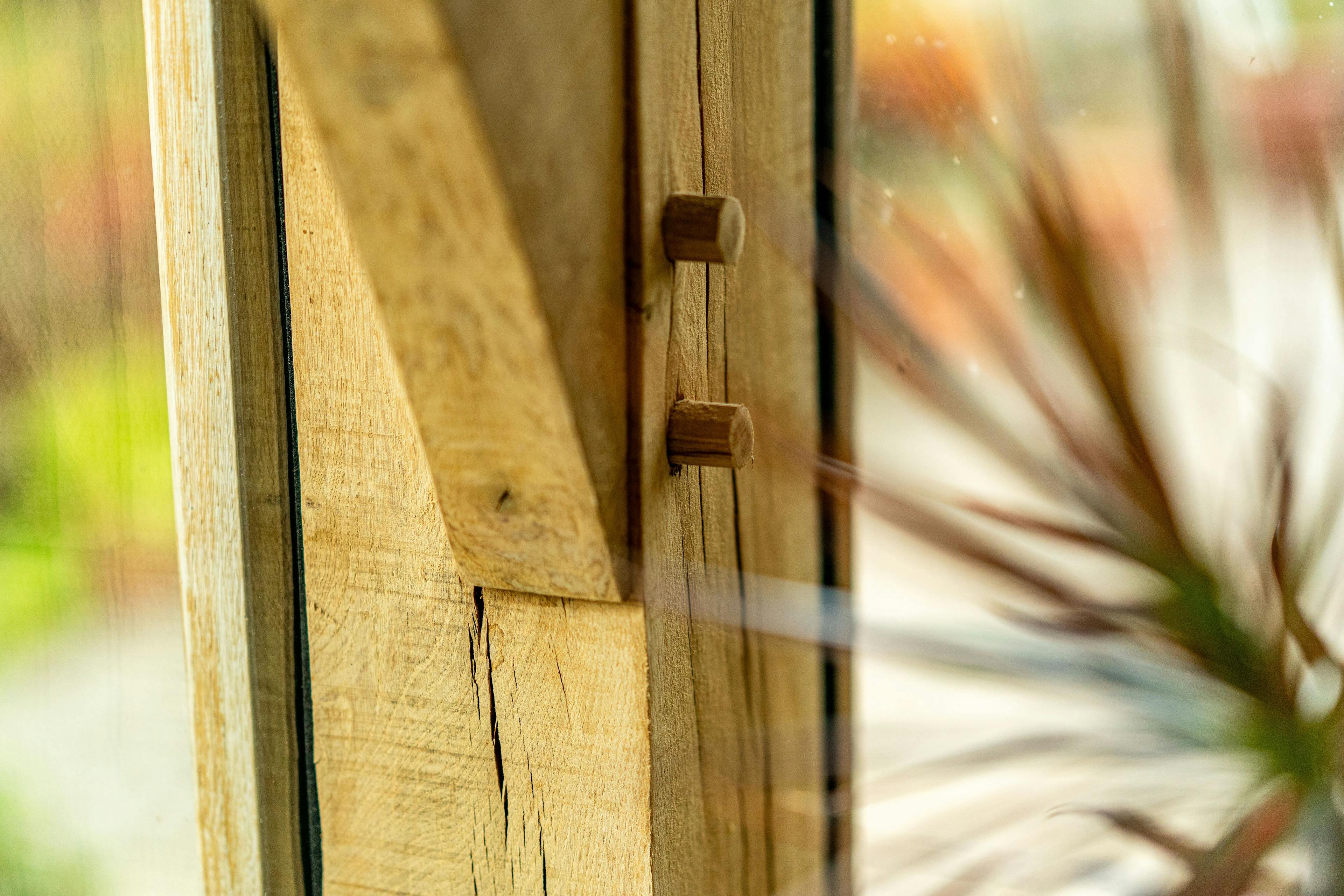 Detail of an oak frame with pegged mortice and tenon joint