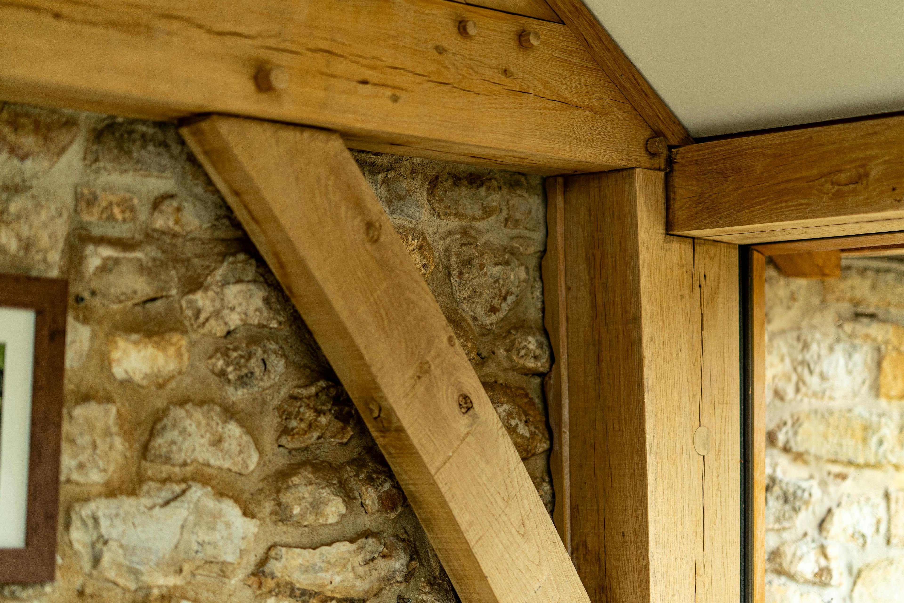 Detail of an oak frame with pegged mortice and tenon joint