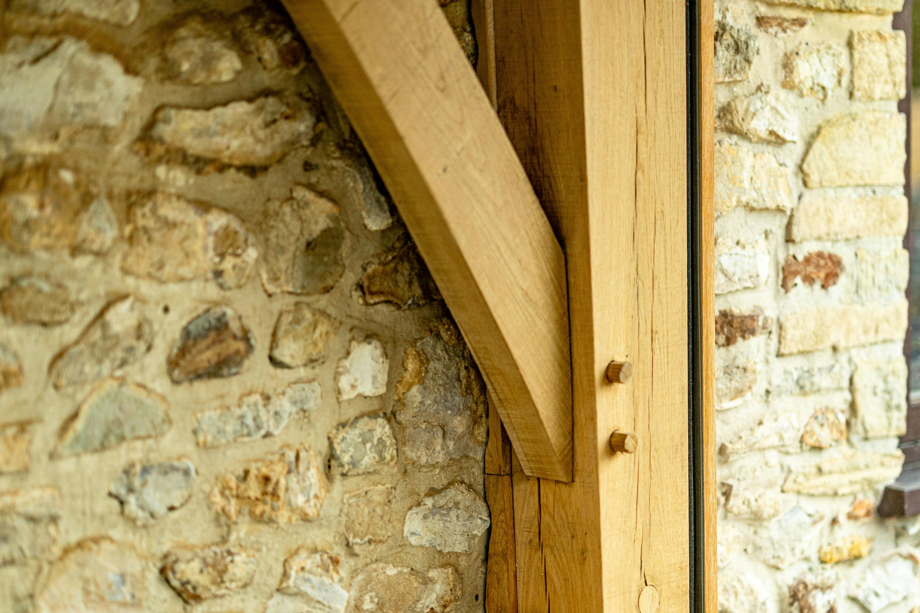 Detail of an oak frame with pegged mortice and tenon joint
