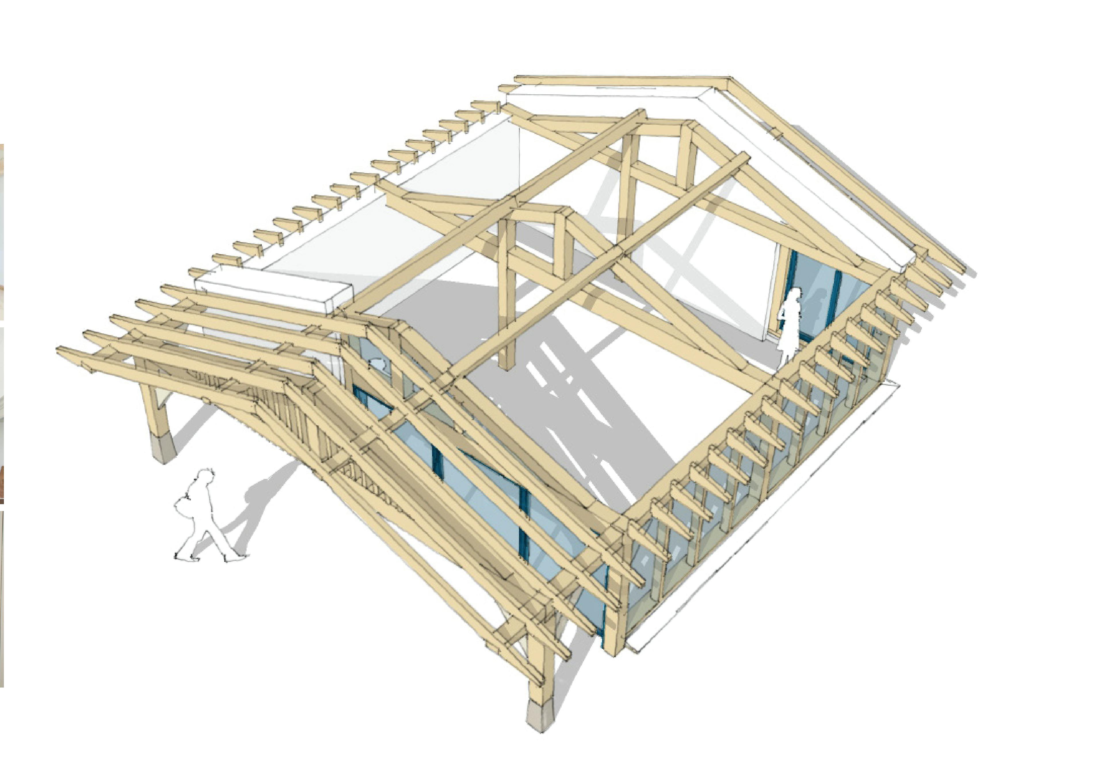 Architectural sketch of a timber frame pool building