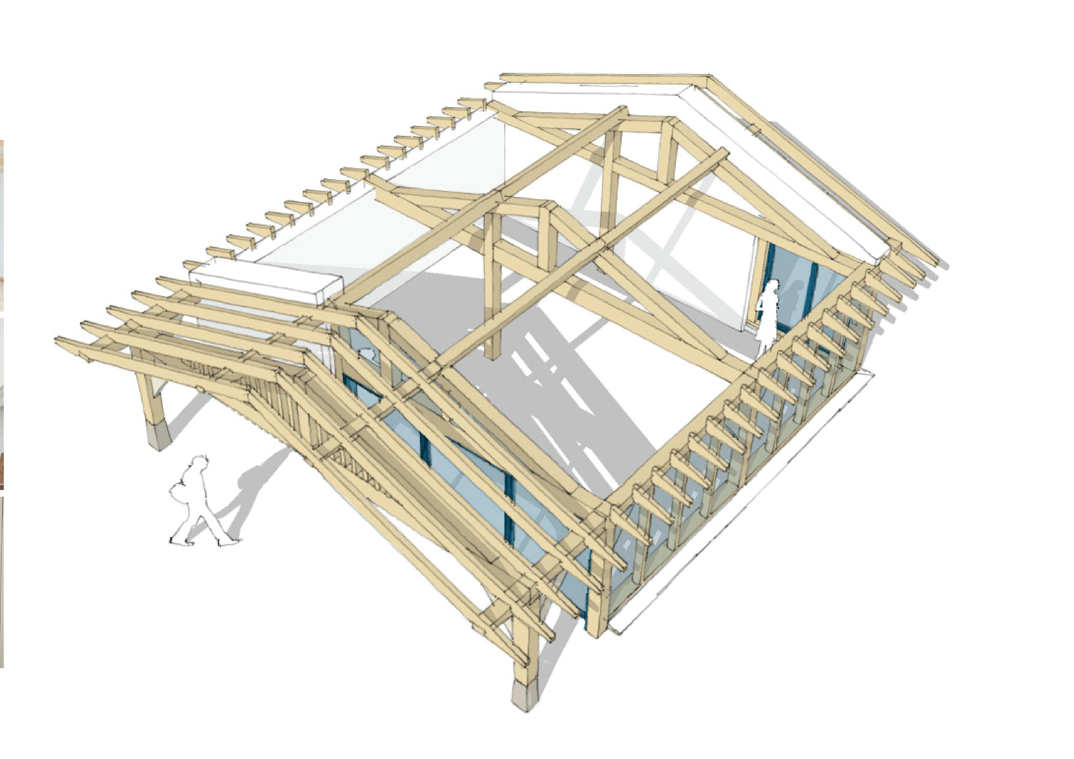 Architectural sketch of a timber frame pool building