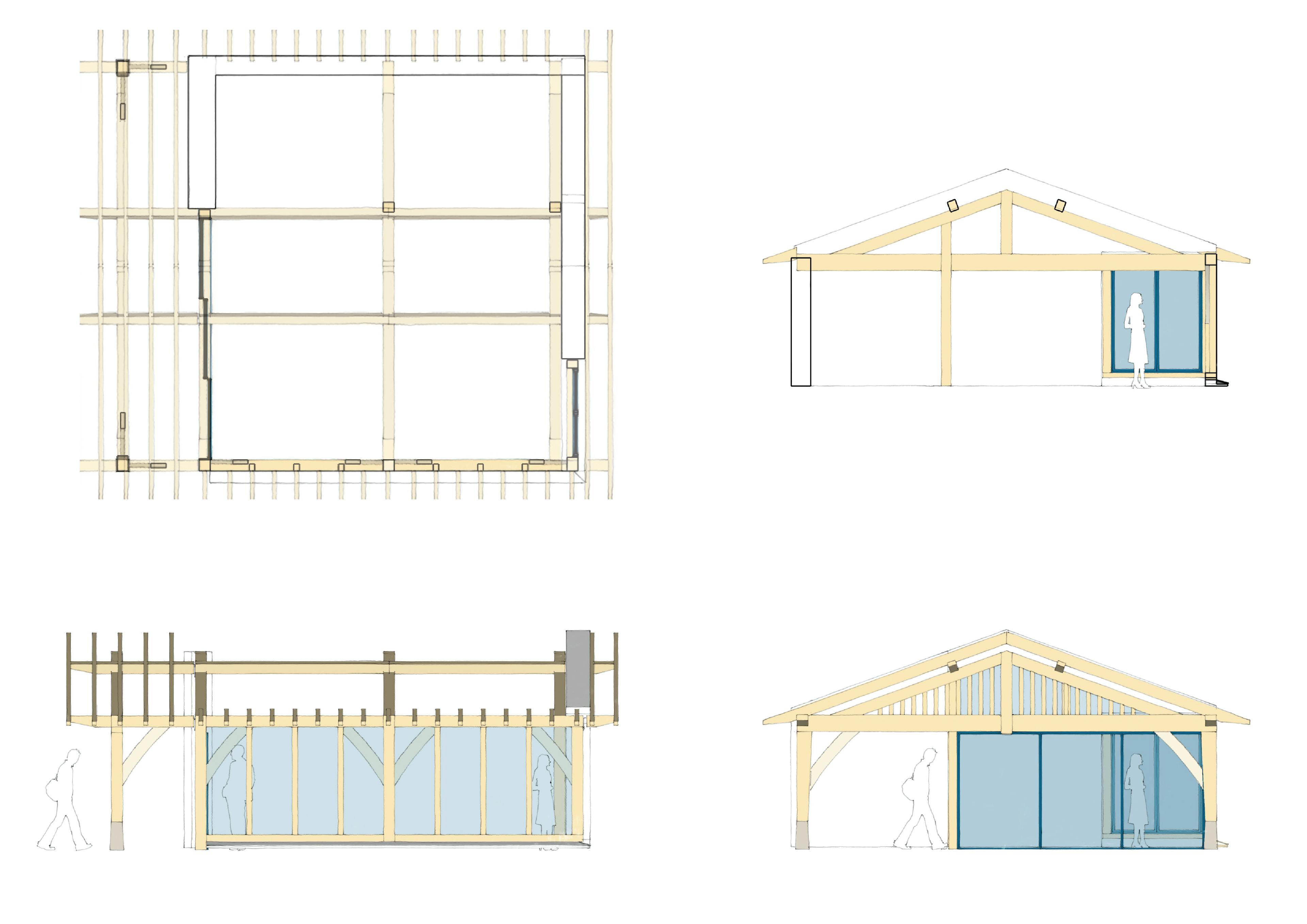 Architectural sketch of a timber-frame pool building, showing detailed floor plan layouts and the arrangement of structural posts and beams