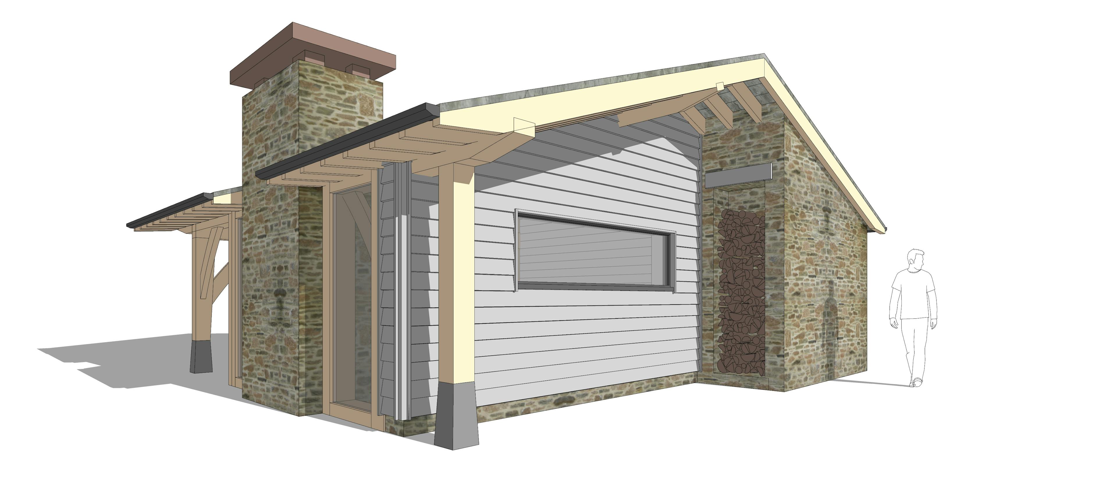 Technical concept sketch of the exterior of the pool building, highlighting architectural form, structural elements, and façade details