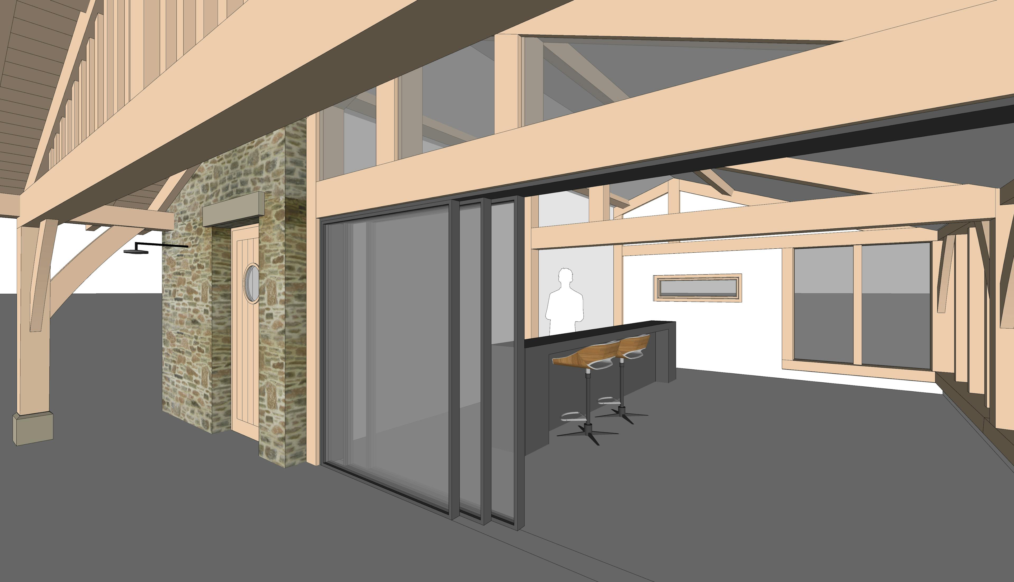 Technical concept sketch of the interior of the pool building, showing structural framework, internal layout, and spatial design elements