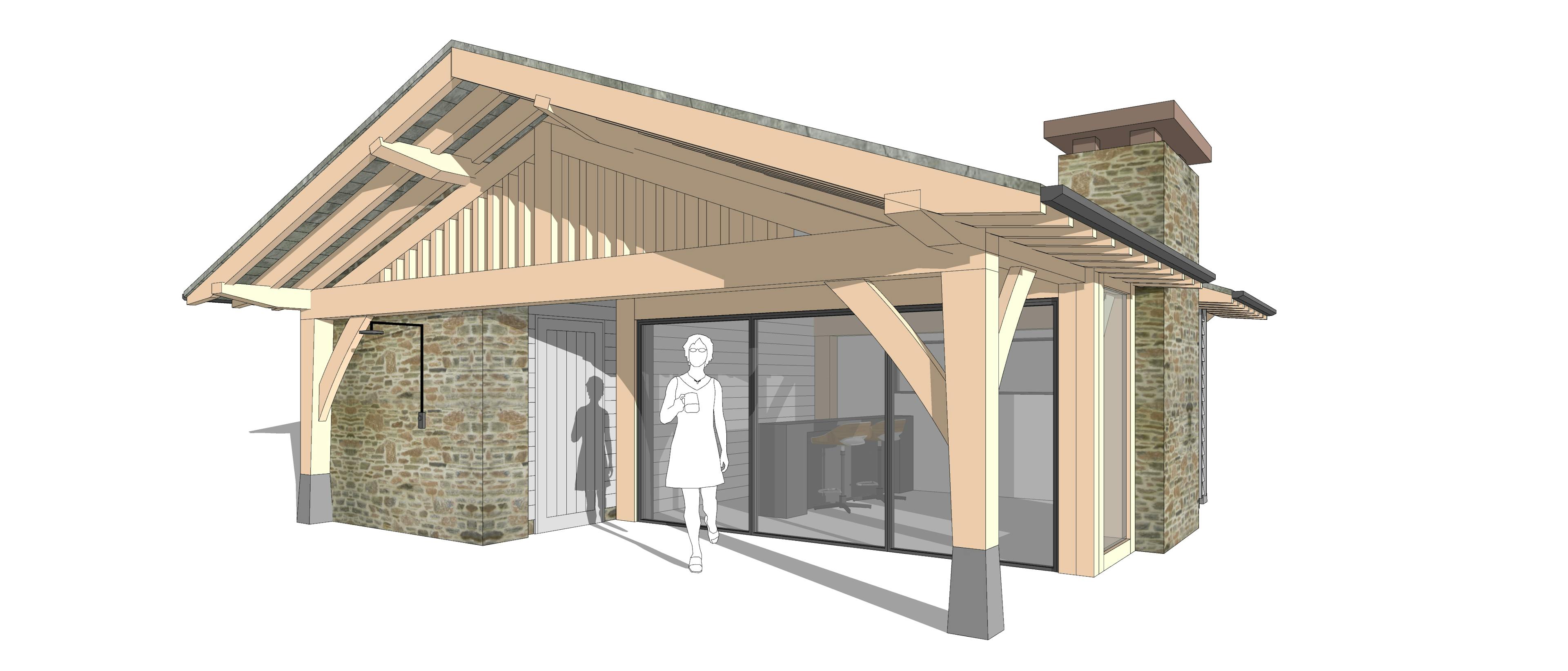Technical concept sketch of pool building, highlighting structural elements, geometric forms, and design concept details