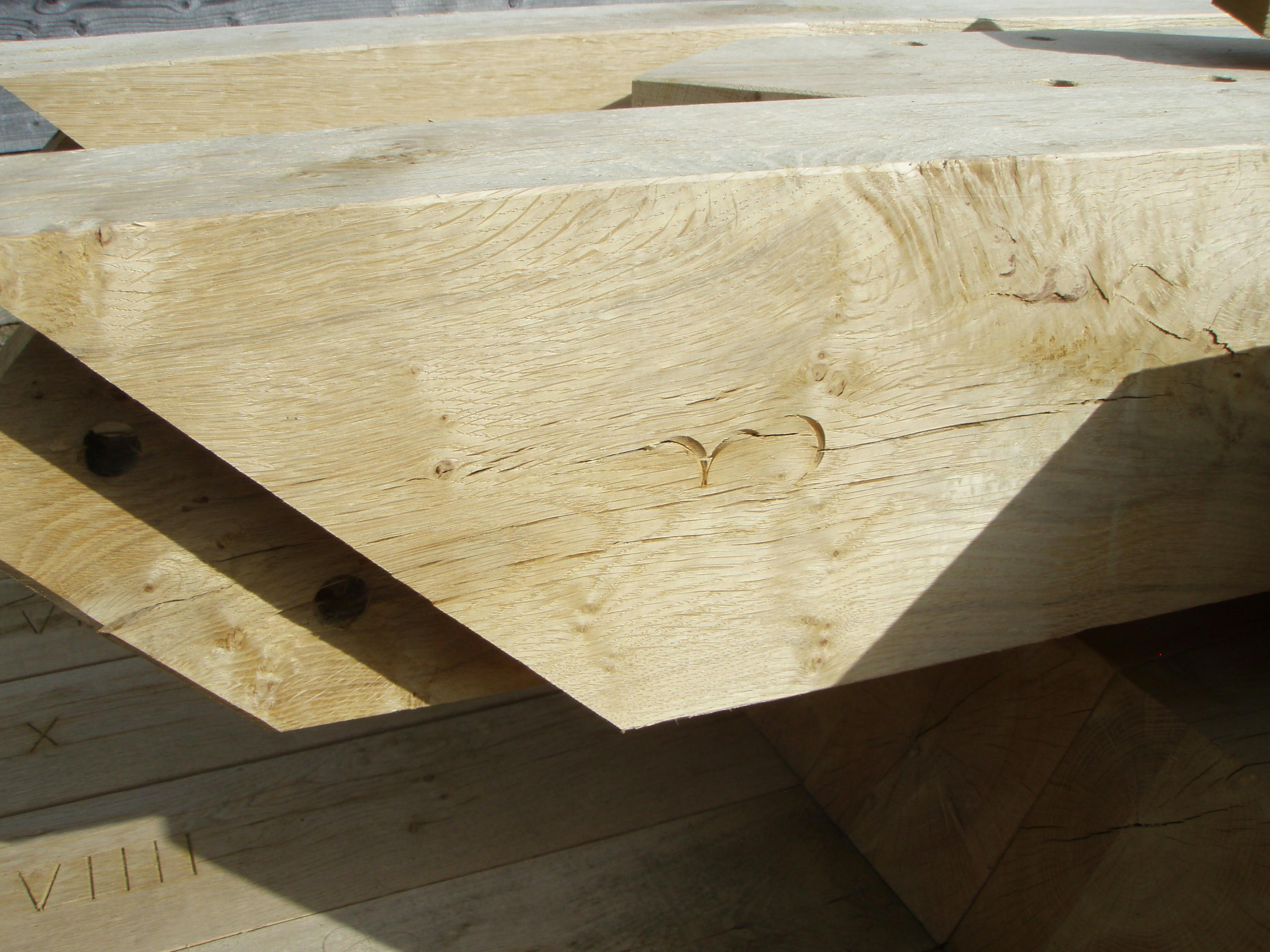 An oak frame being with carpenter's marks