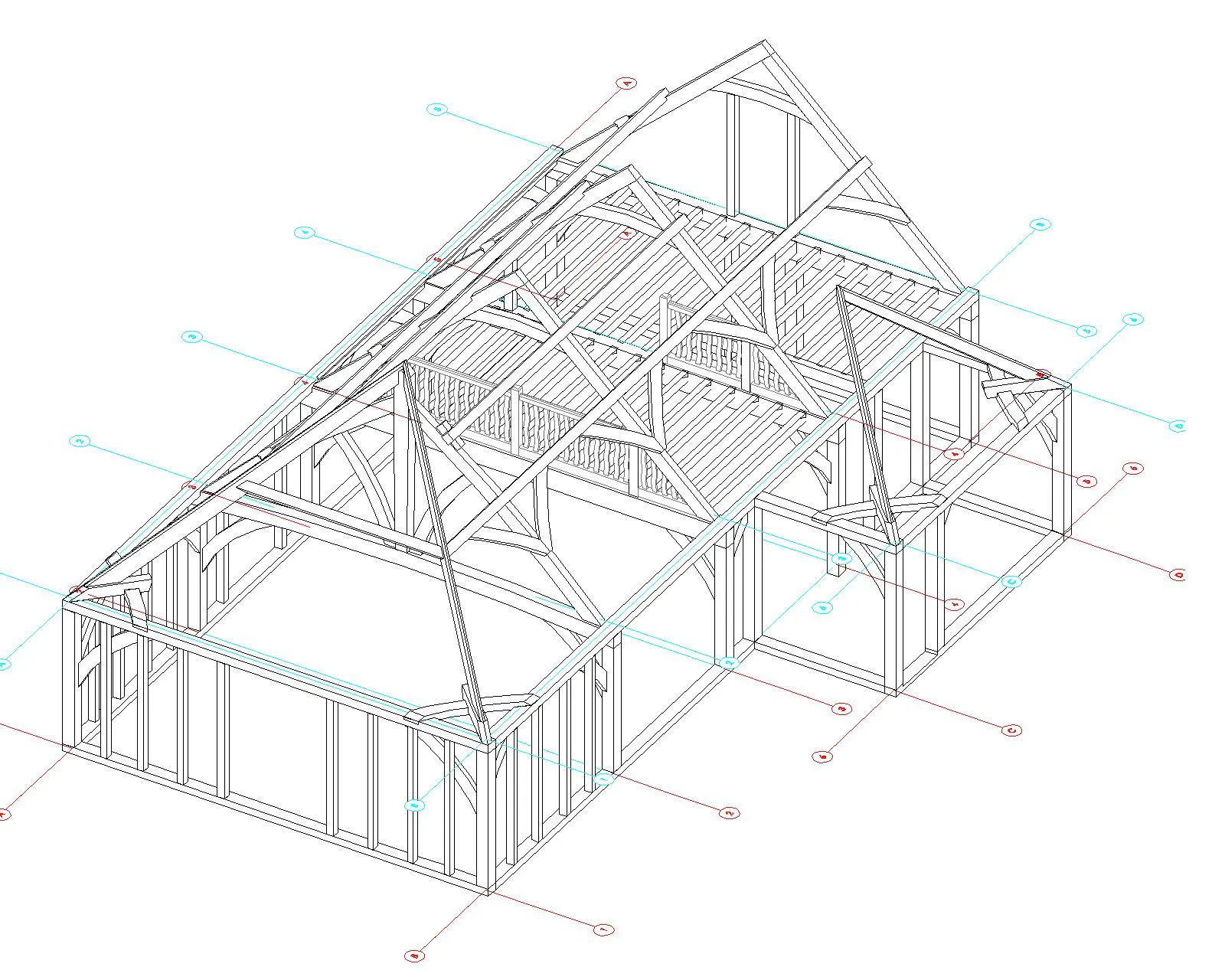 A frame drawing of an oak frame boathouse