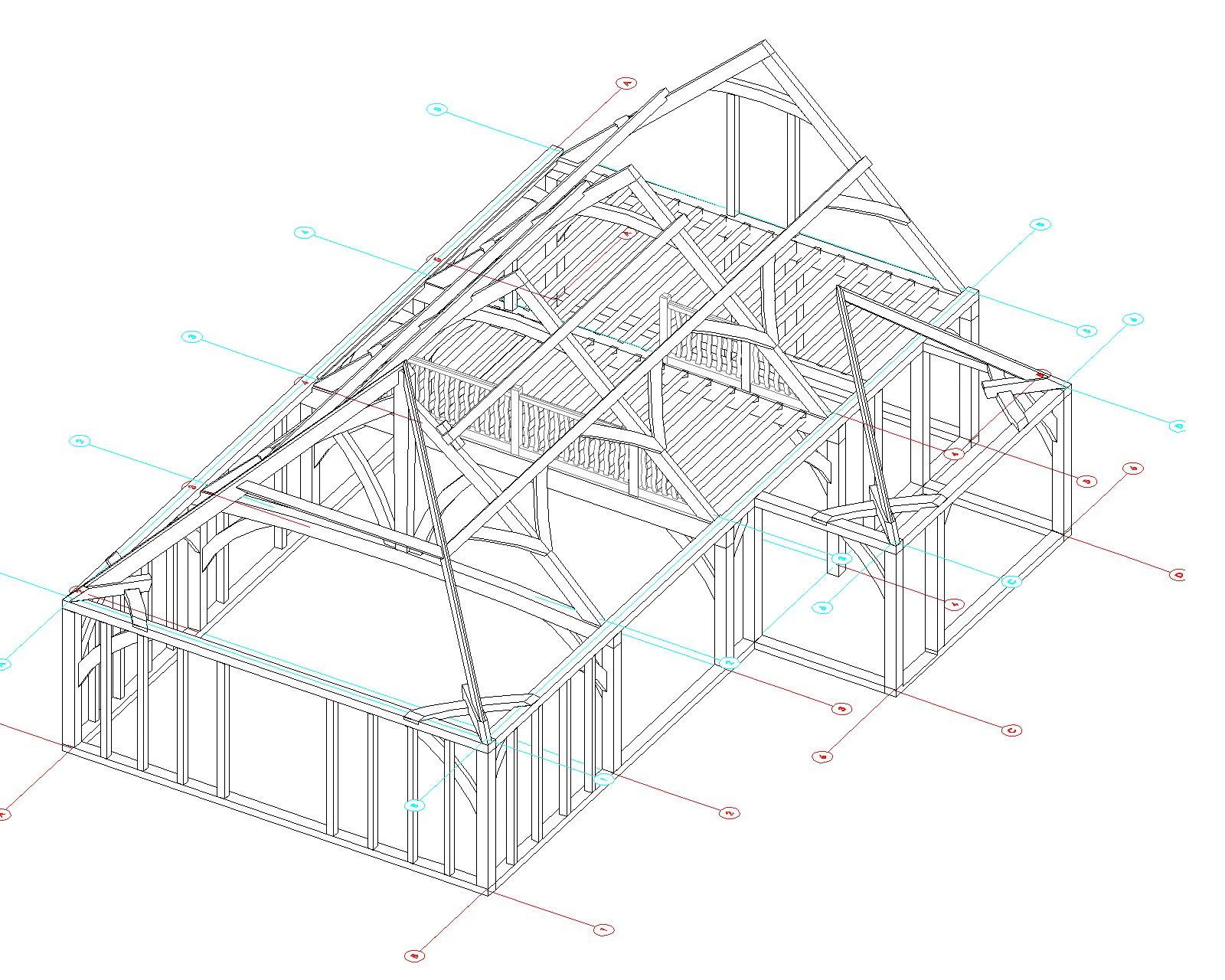 A frame drawing of an oak frame boathouse
