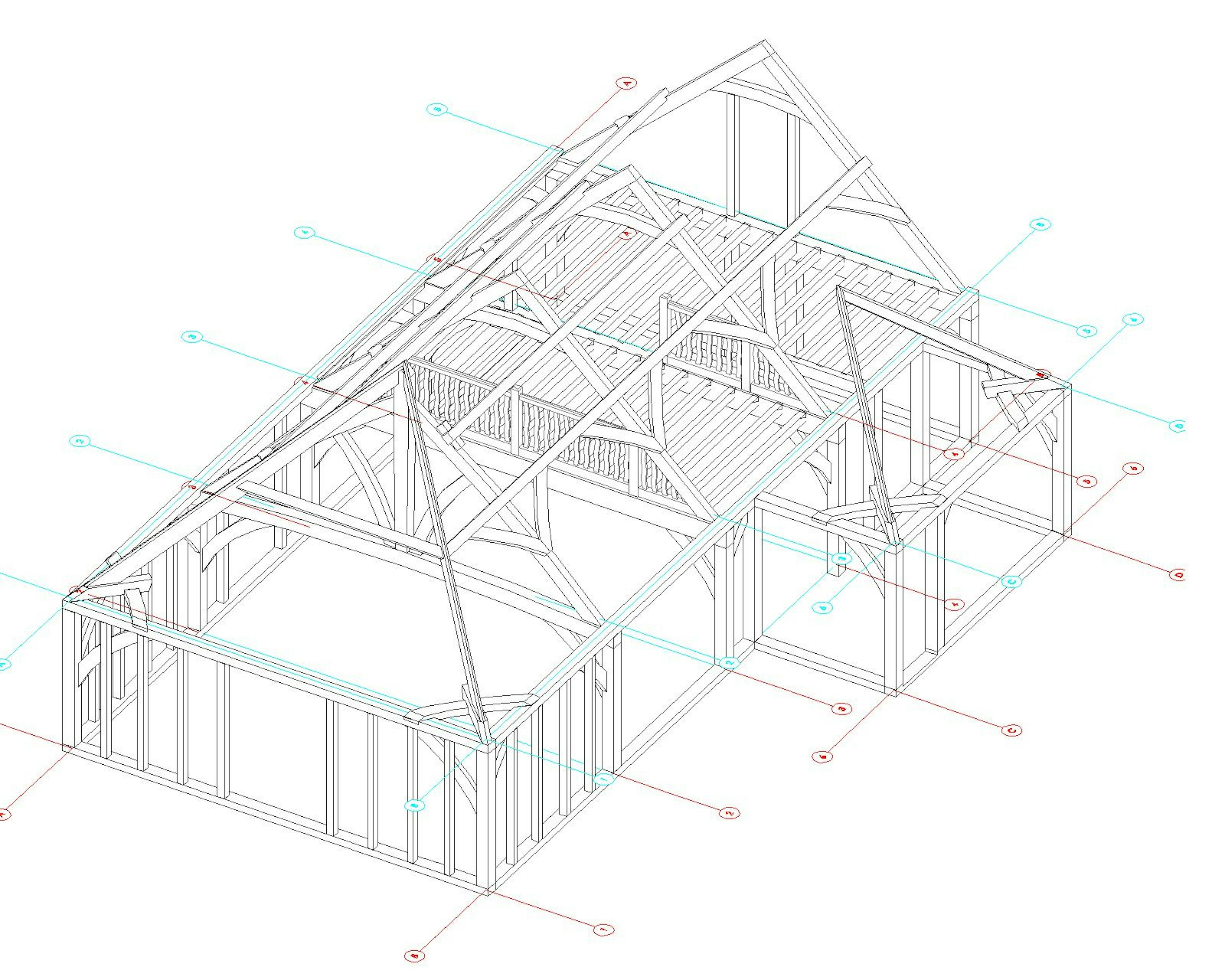 A frame drawing of an oak frame boathouse