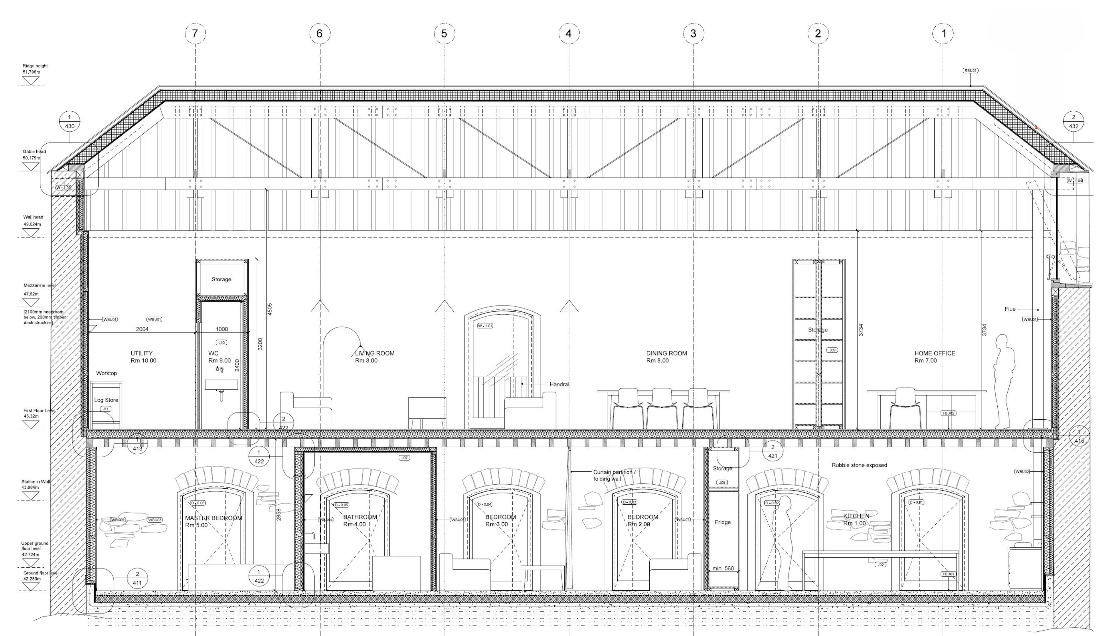 An architects drawing of a section of a barn conversion
