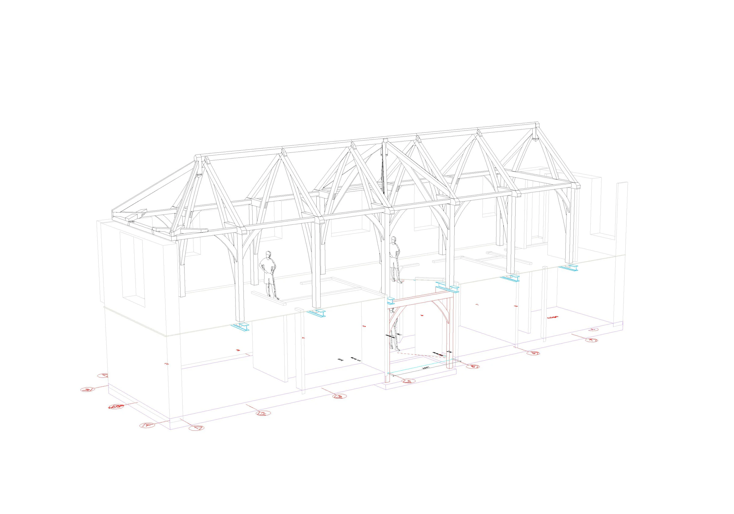 A 3D drawing of an oak frame which has been placed onto the old stone walls of a barn and converted into a home