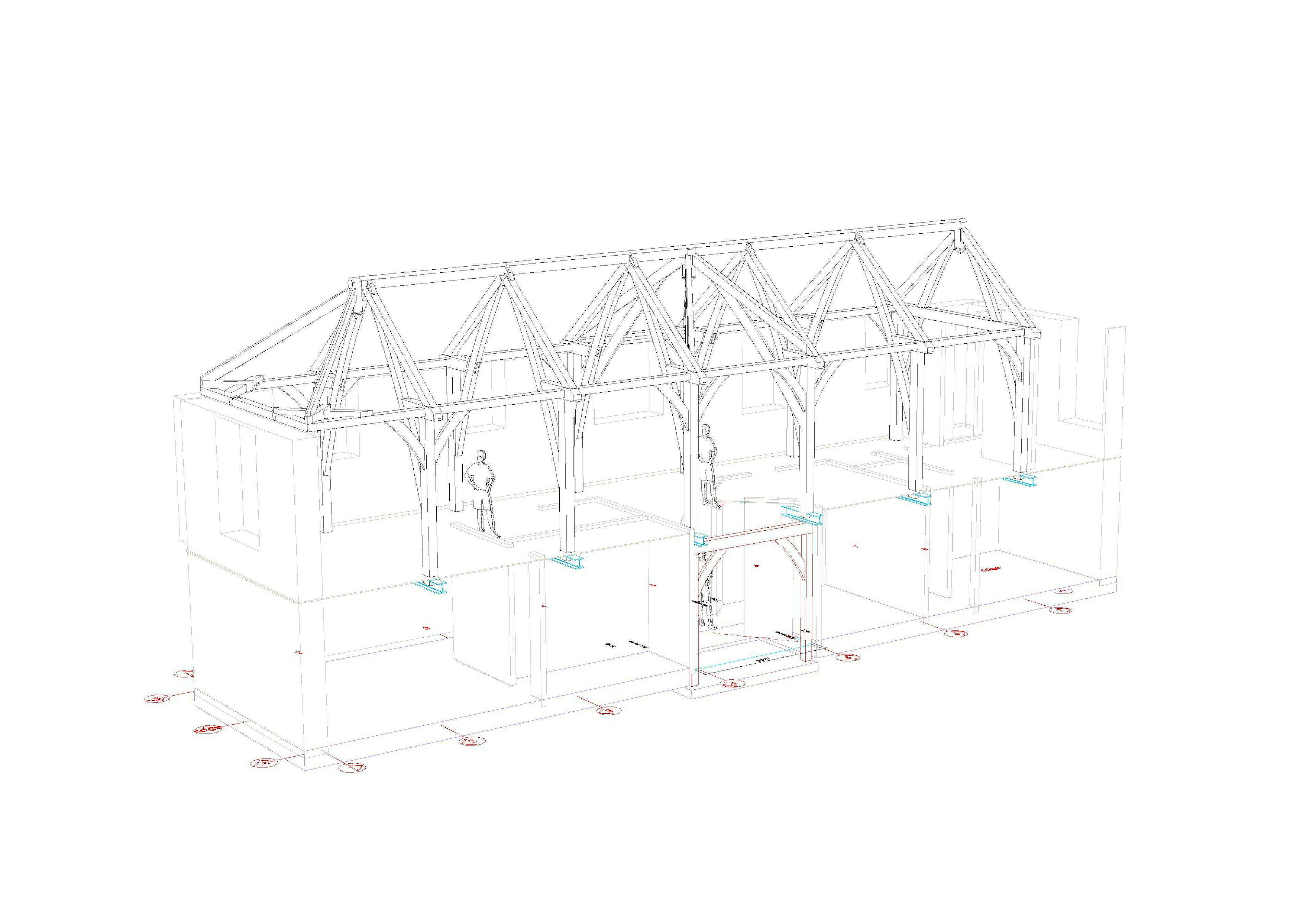 A 3D drawing of an oak frame which has been placed onto the old stone walls of a barn and converted into a home